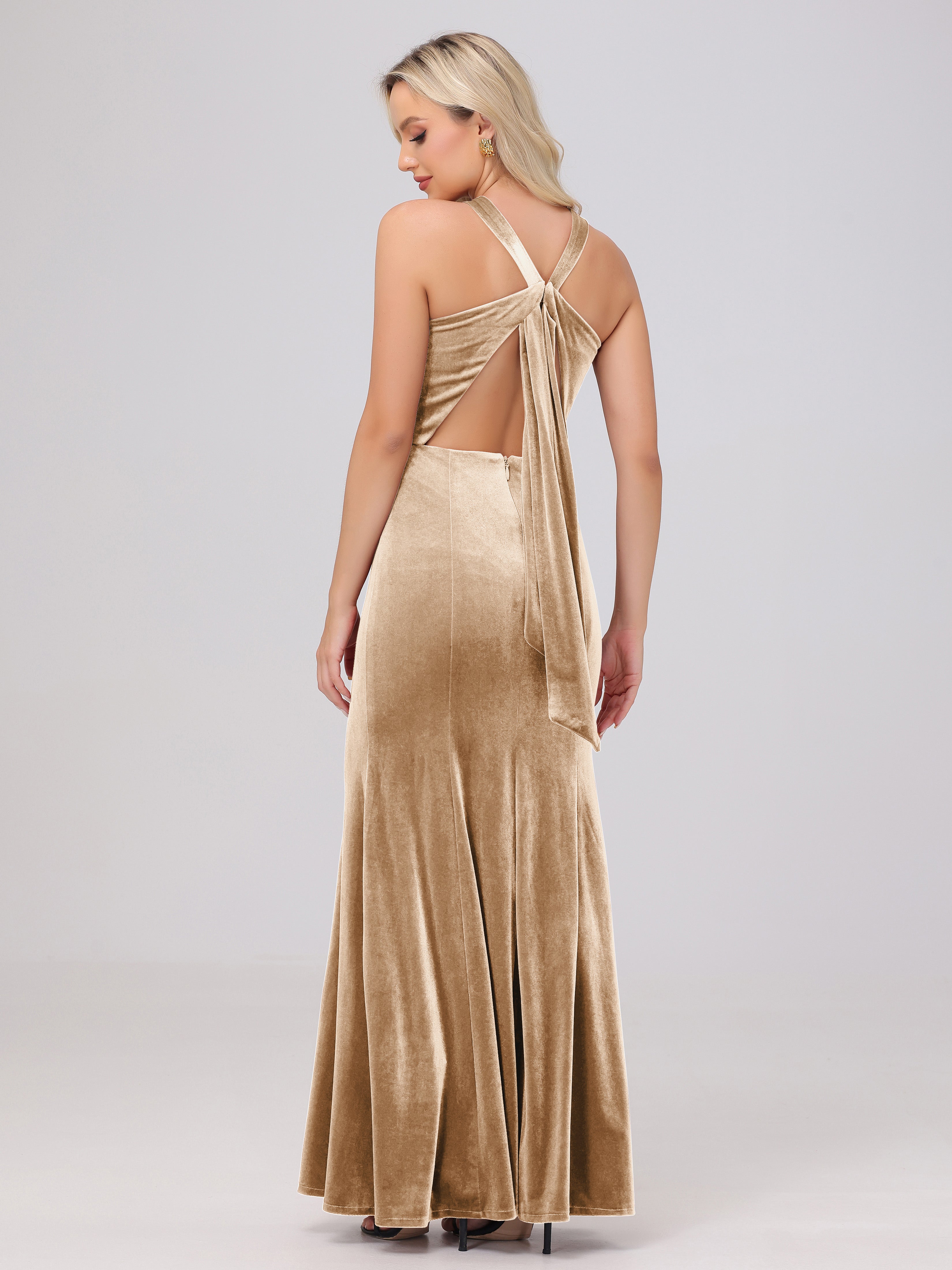 Sheath Halter Sleeveless Open Back Maxi Velvet Bridesmaid Dresses