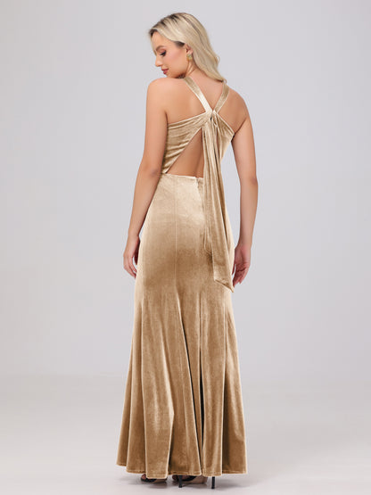 Sheath Halter Sleeveless Open Back Maxi Velvet Bridesmaid Dresses