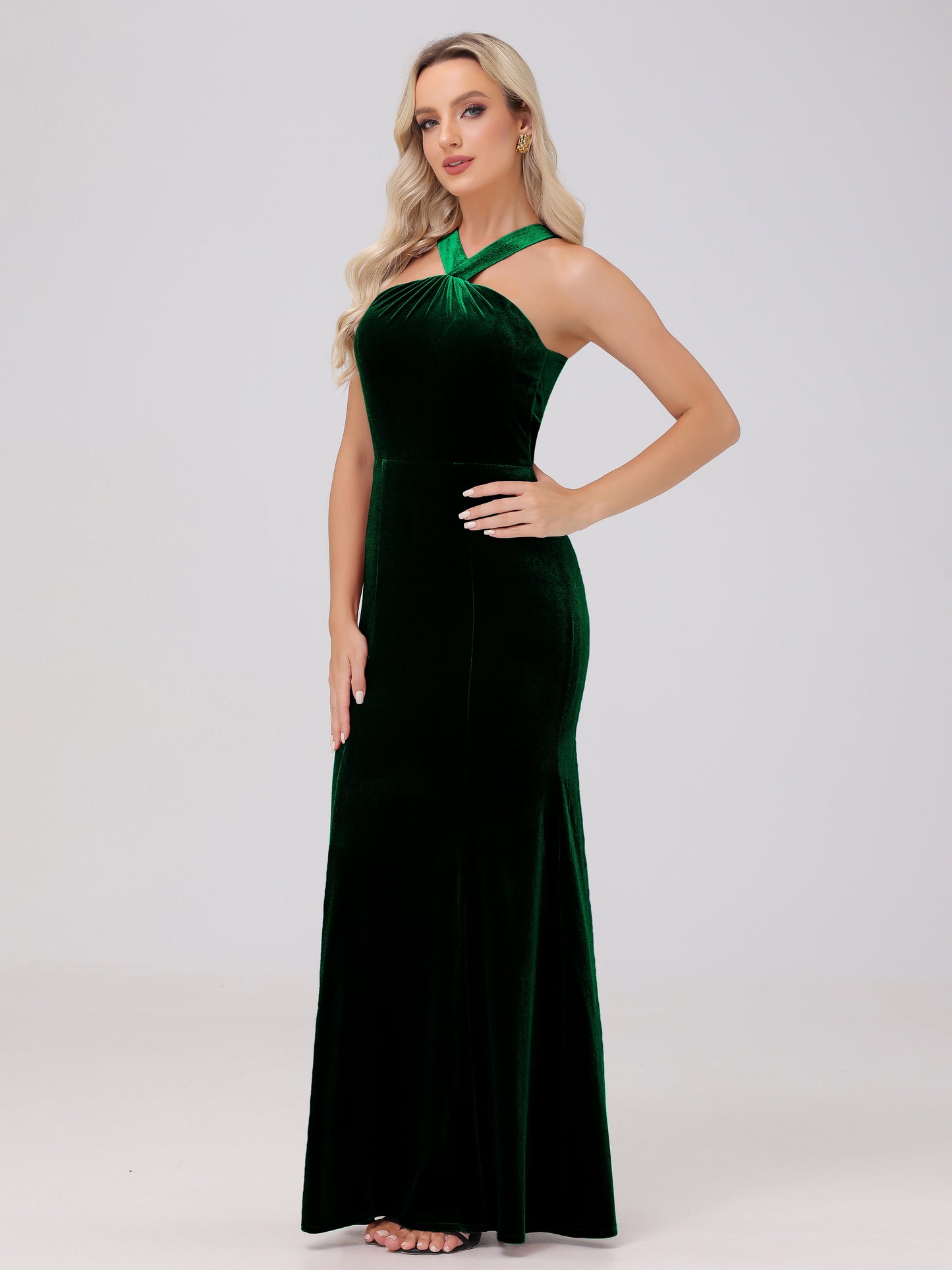 Sheath Halter Sleeveless Open Back Maxi Velvet Bridesmaid Dresses