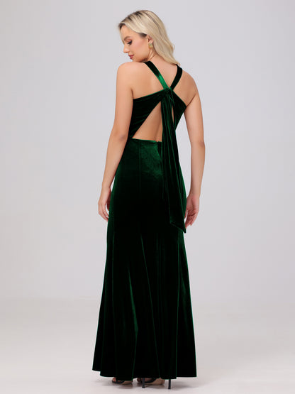 Sheath Halter Sleeveless Open Back Maxi Velvet Bridesmaid Dresses