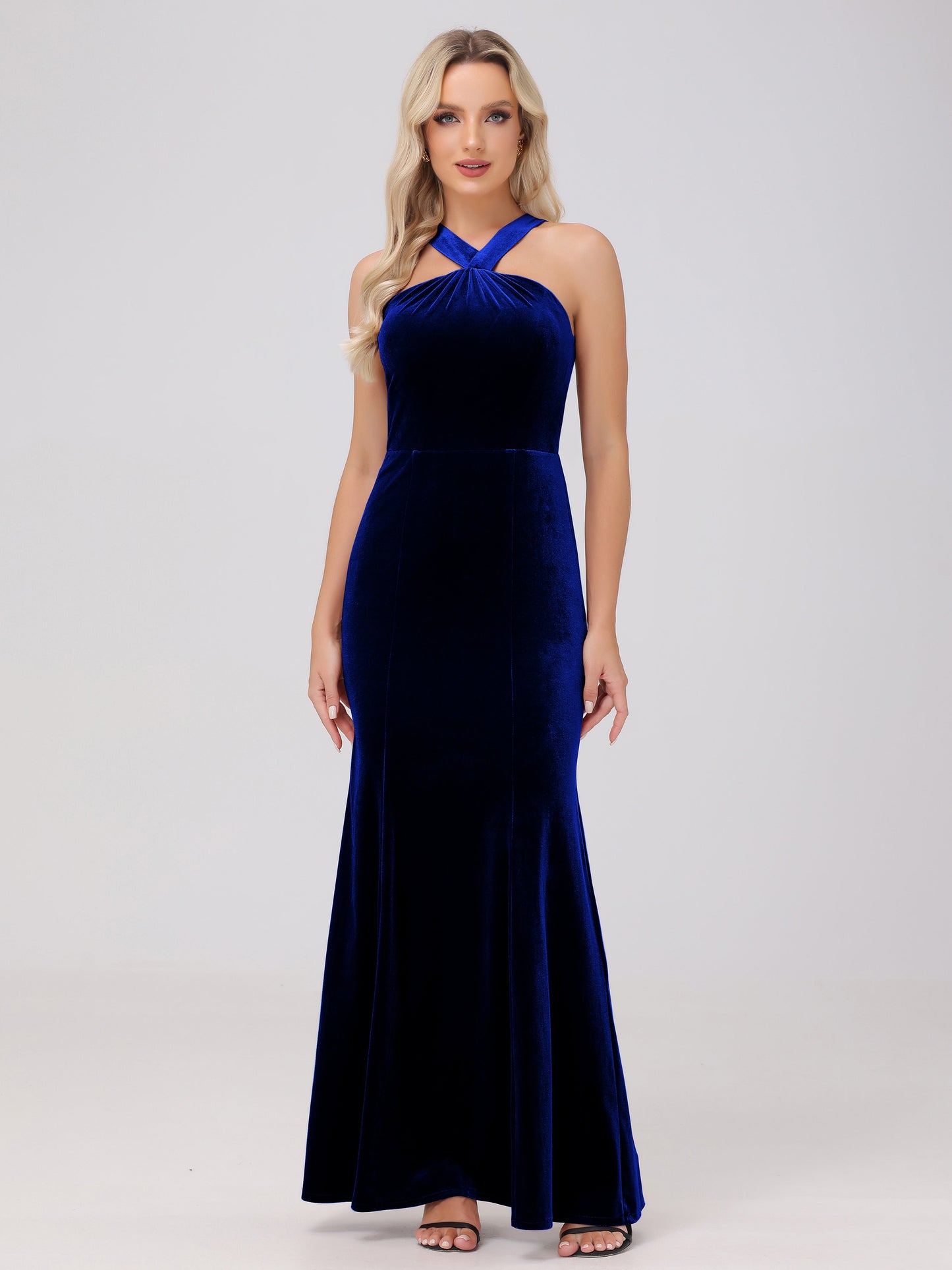 Sheath Halter Sleeveless Open Back Maxi Velvet Bridesmaid Dresses
