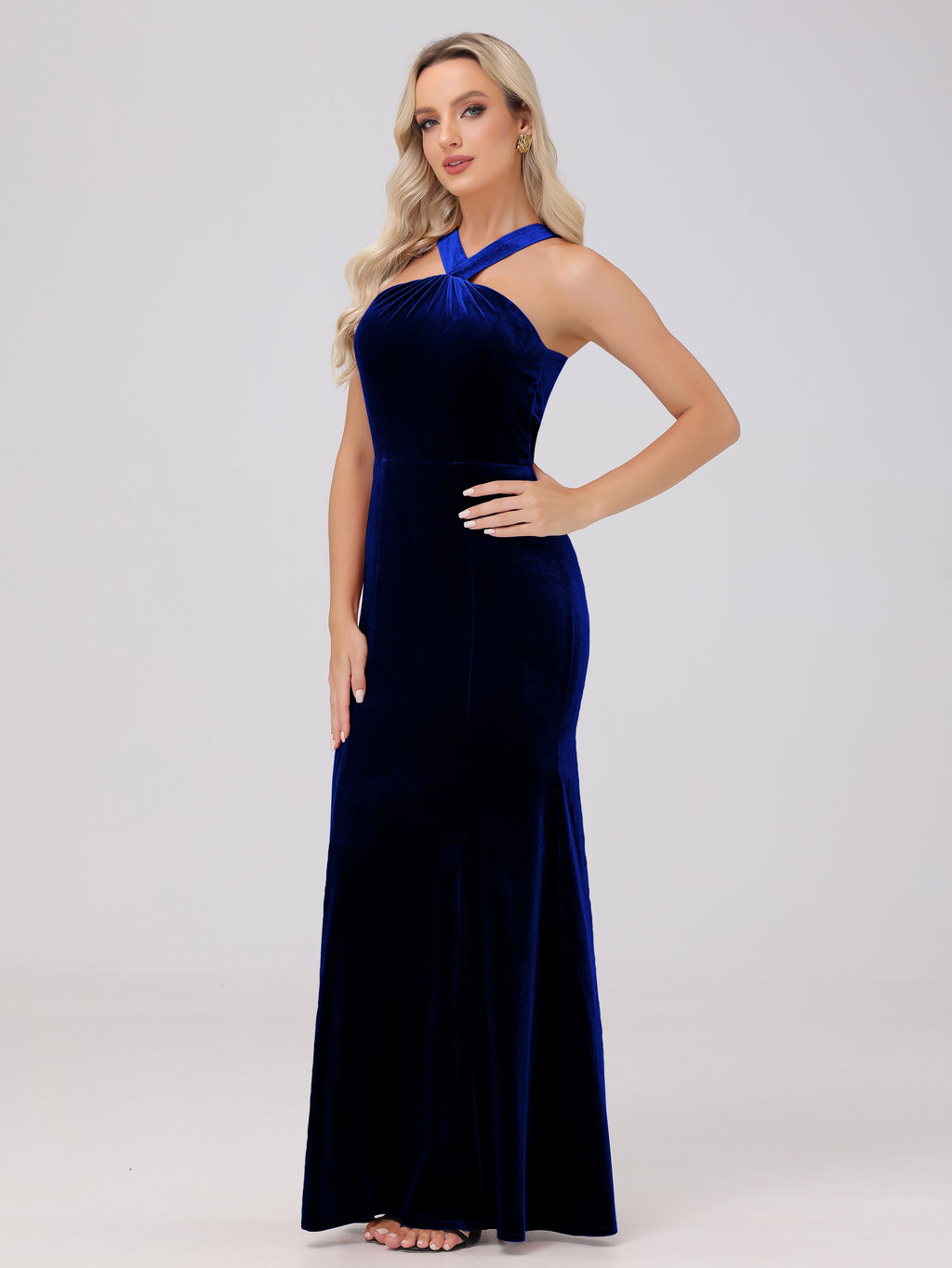 Sheath Halter Sleeveless Open Back Maxi Velvet Bridesmaid Dresses