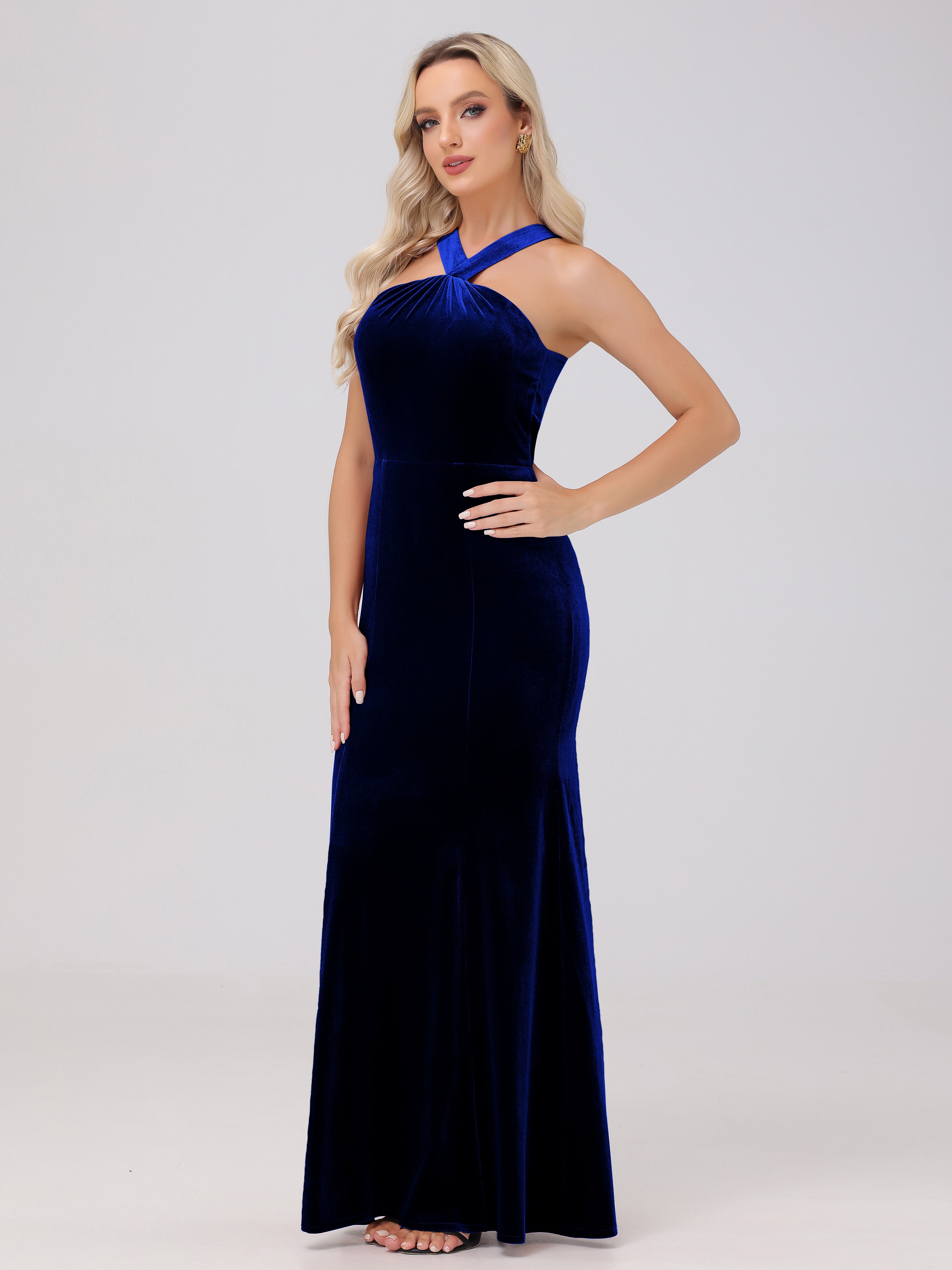 Sheath Halter Sleeveless Open Back Maxi Velvet Bridesmaid Dresses