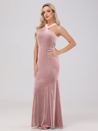 Sheath Halter Sleeveless Open Back Maxi Velvet Bridesmaid Dresses