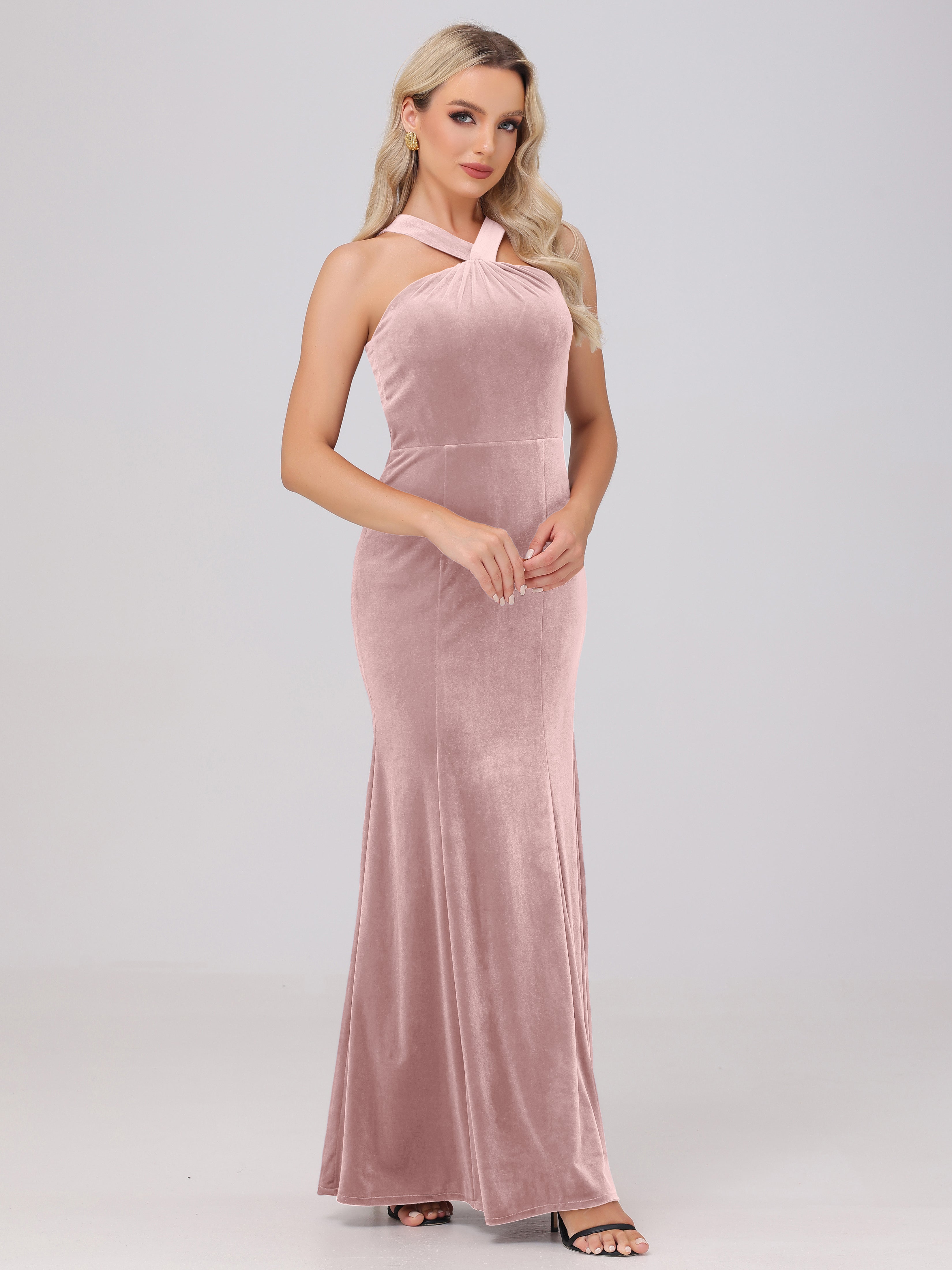 Sheath Halter Sleeveless Open Back Maxi Velvet Bridesmaid Dresses