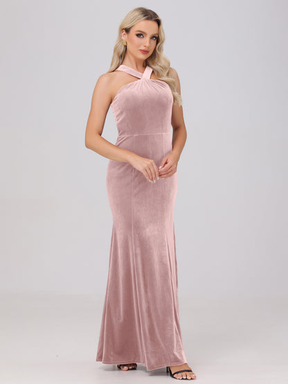Sheath Halter Sleeveless Open Back Maxi Velvet Bridesmaid Dresses