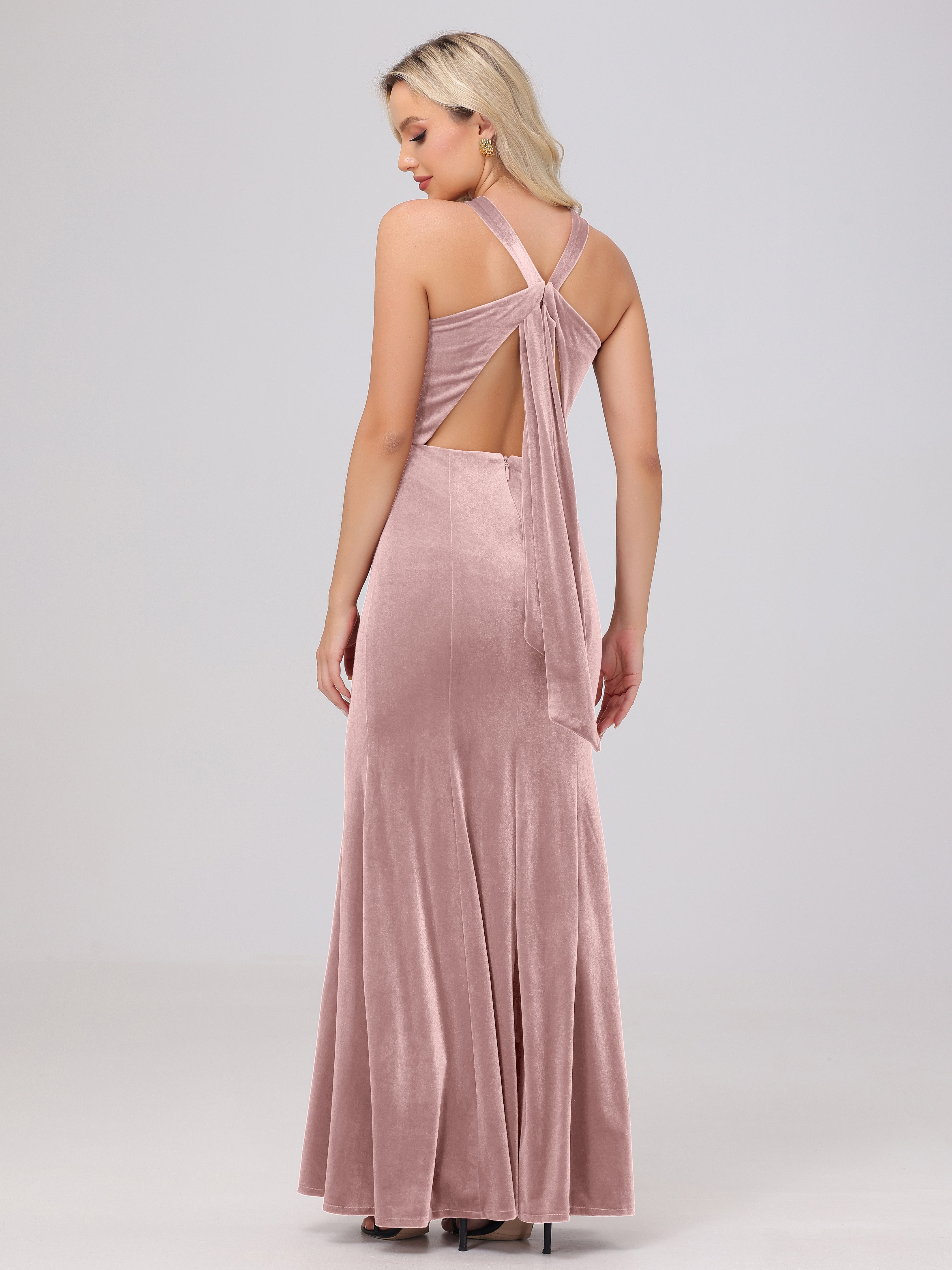Sheath Halter Sleeveless Open Back Maxi Velvet Bridesmaid Dresses