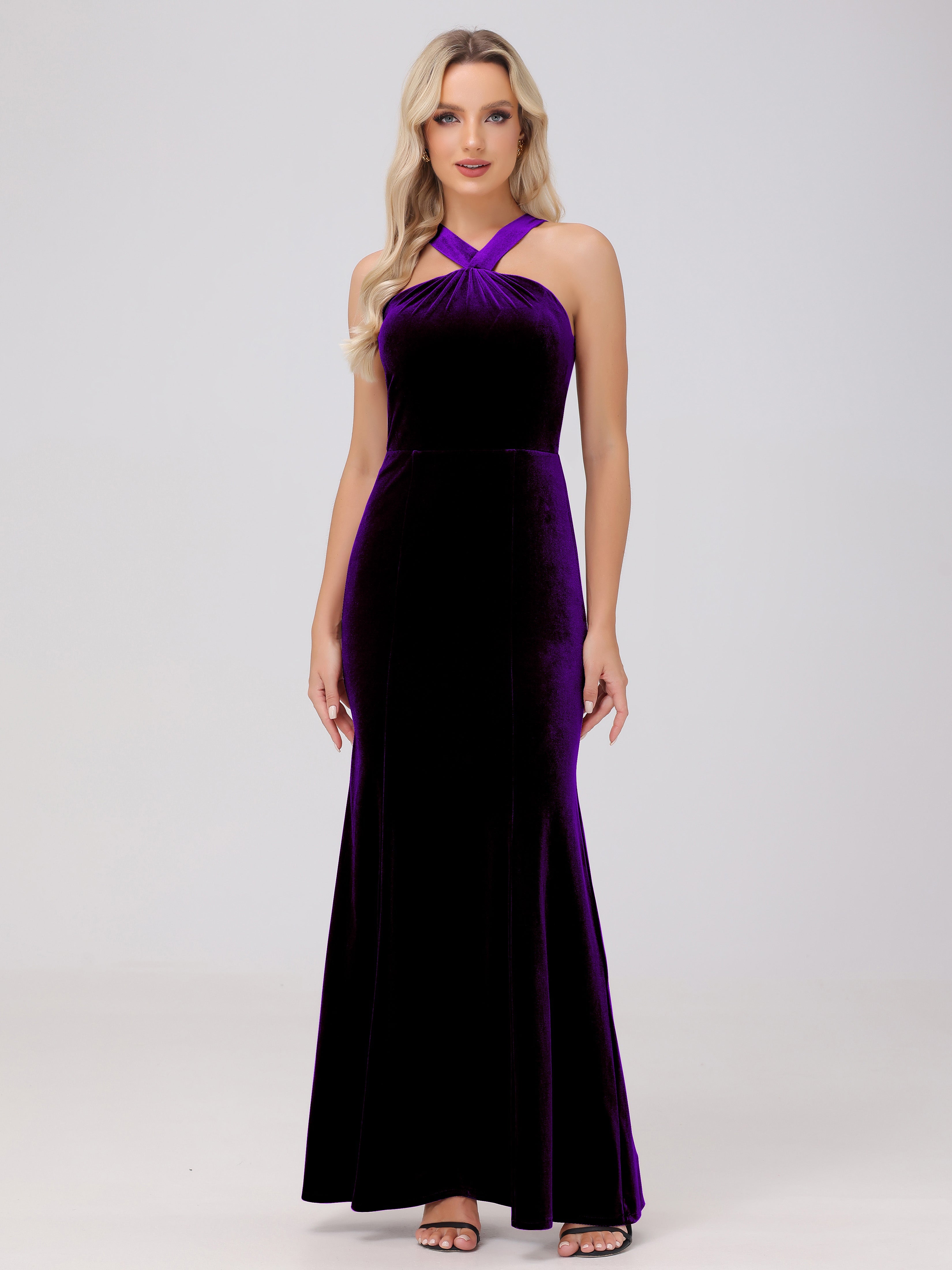 Sheath Halter Sleeveless Open Back Maxi Velvet Bridesmaid Dresses
