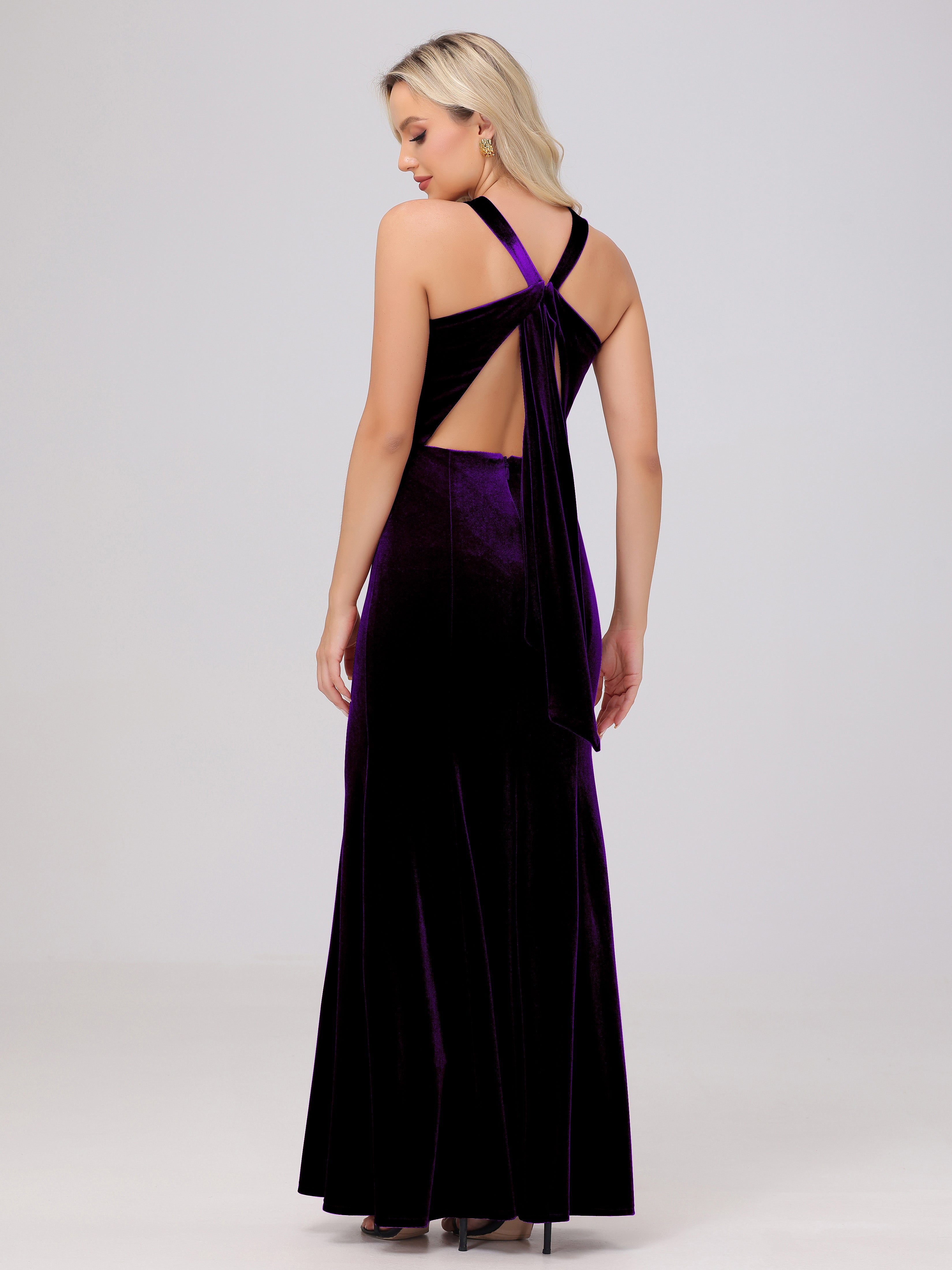 Sheath Halter Sleeveless Open Back Maxi Velvet Bridesmaid Dresses