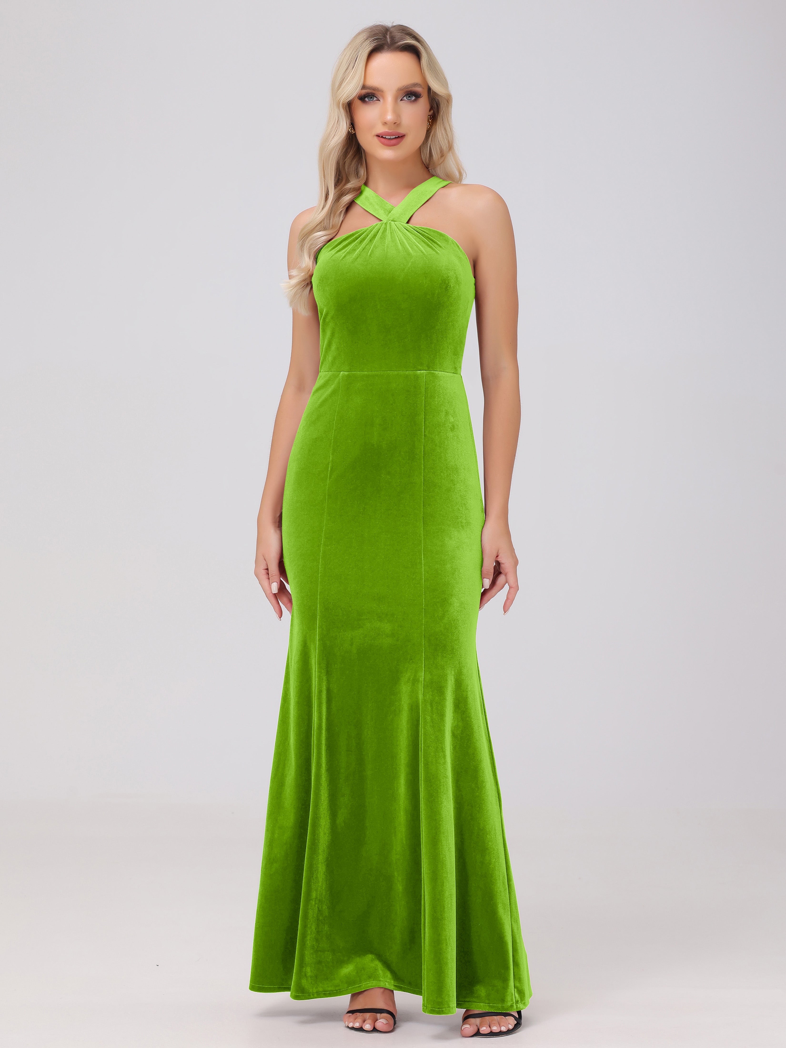 Sheath Halter Sleeveless Open Back Maxi Velvet Bridesmaid Dresses