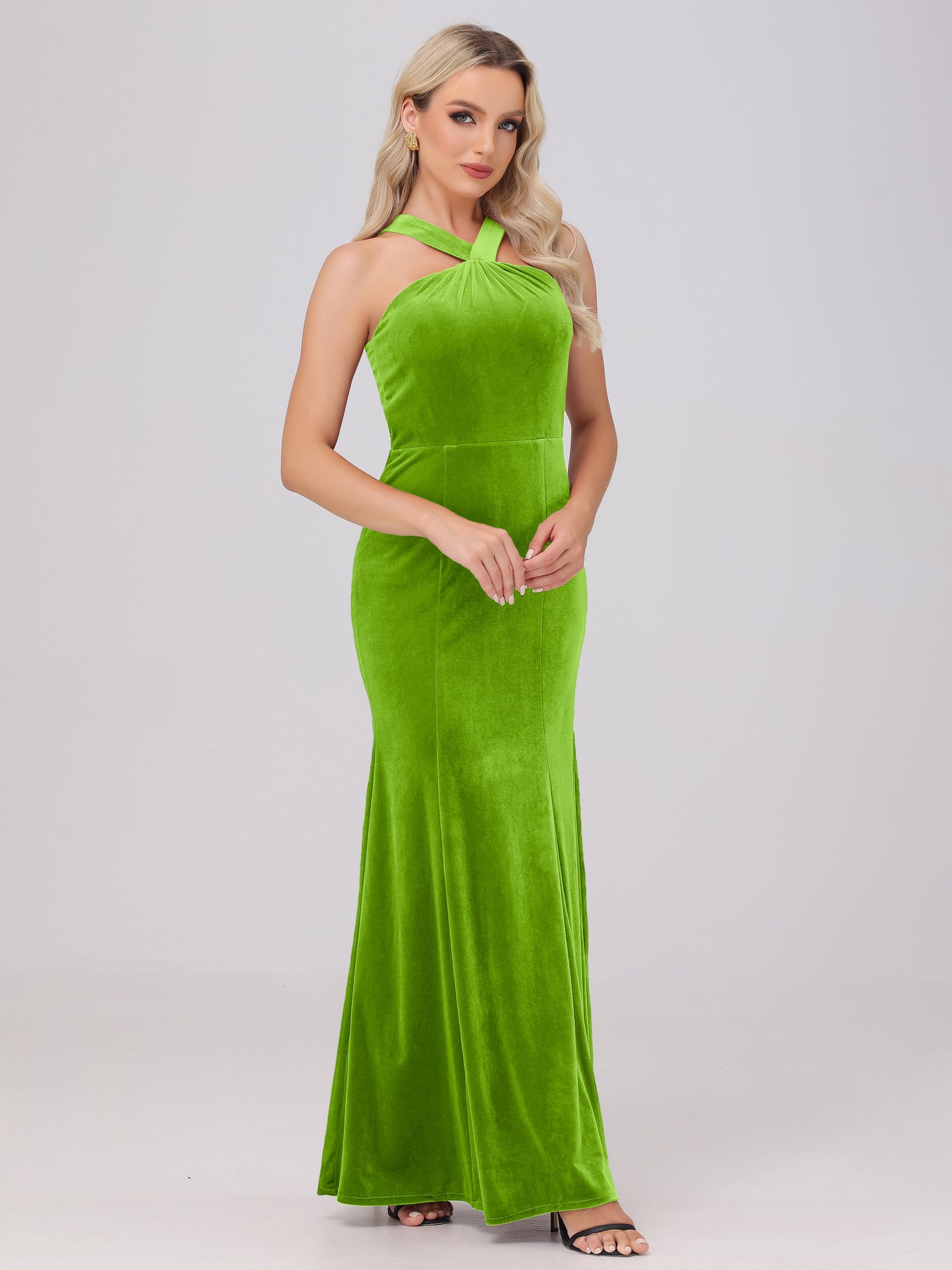 Sheath Halter Sleeveless Open Back Maxi Velvet Bridesmaid Dresses
