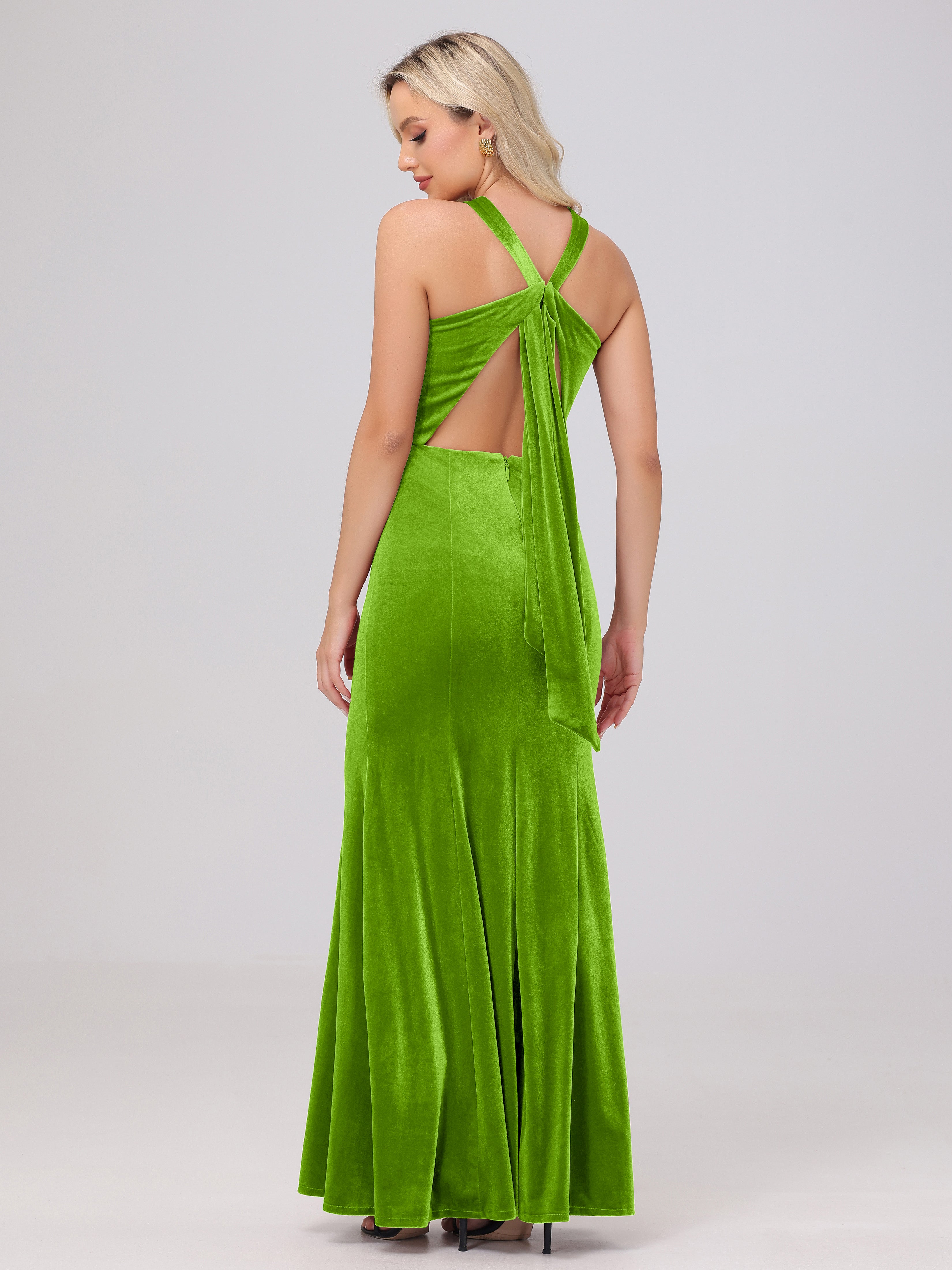 Sheath Halter Sleeveless Open Back Maxi Velvet Bridesmaid Dresses