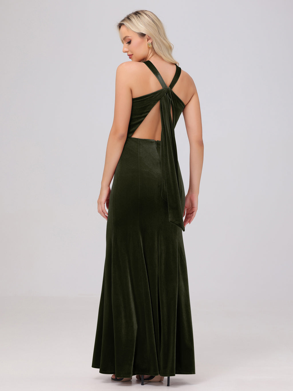Sheath Halter Sleeveless Open Back Maxi Velvet Bridesmaid Dresses