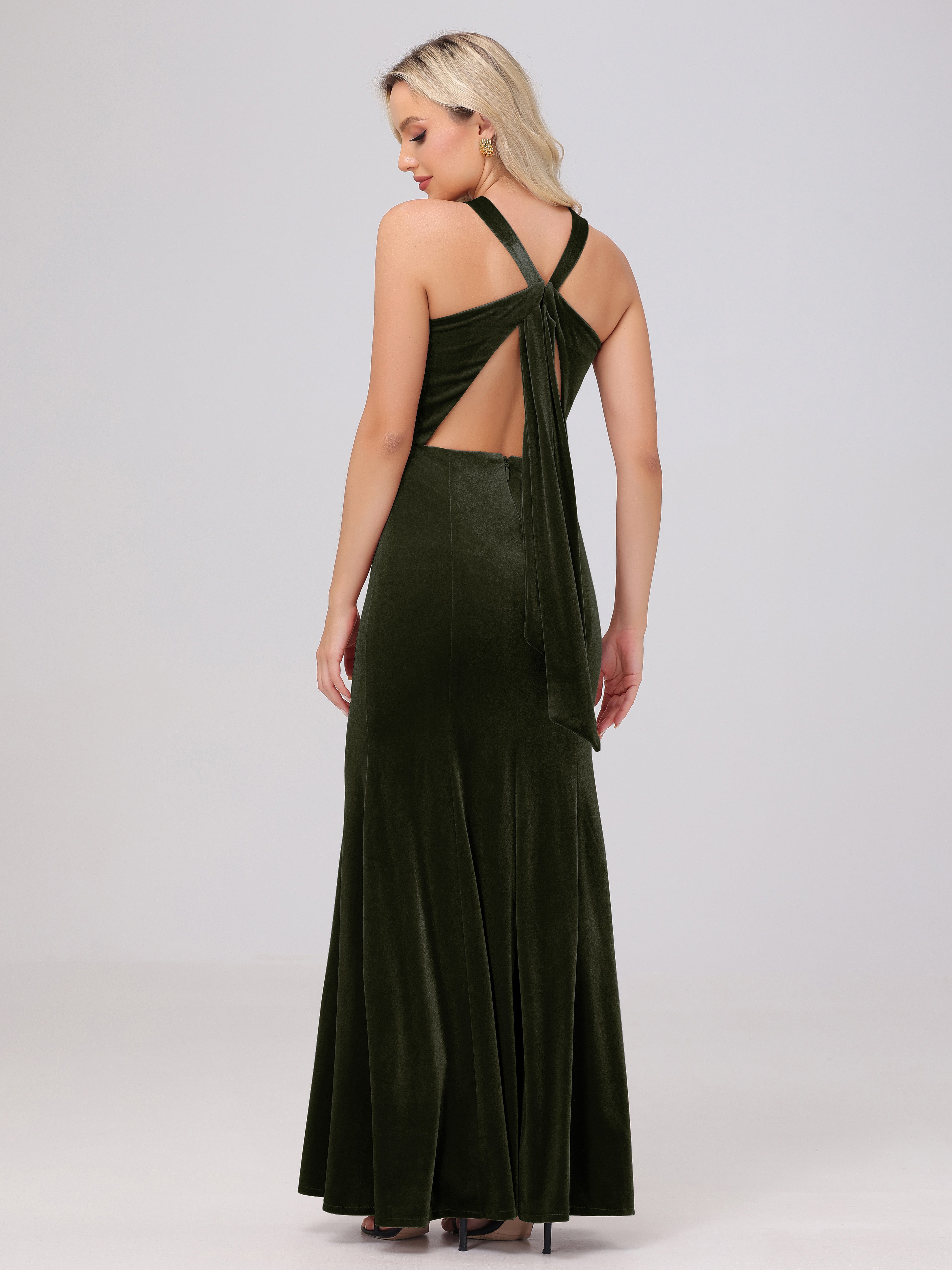 Sheath Halter Sleeveless Open Back Maxi Velvet Bridesmaid Dresses