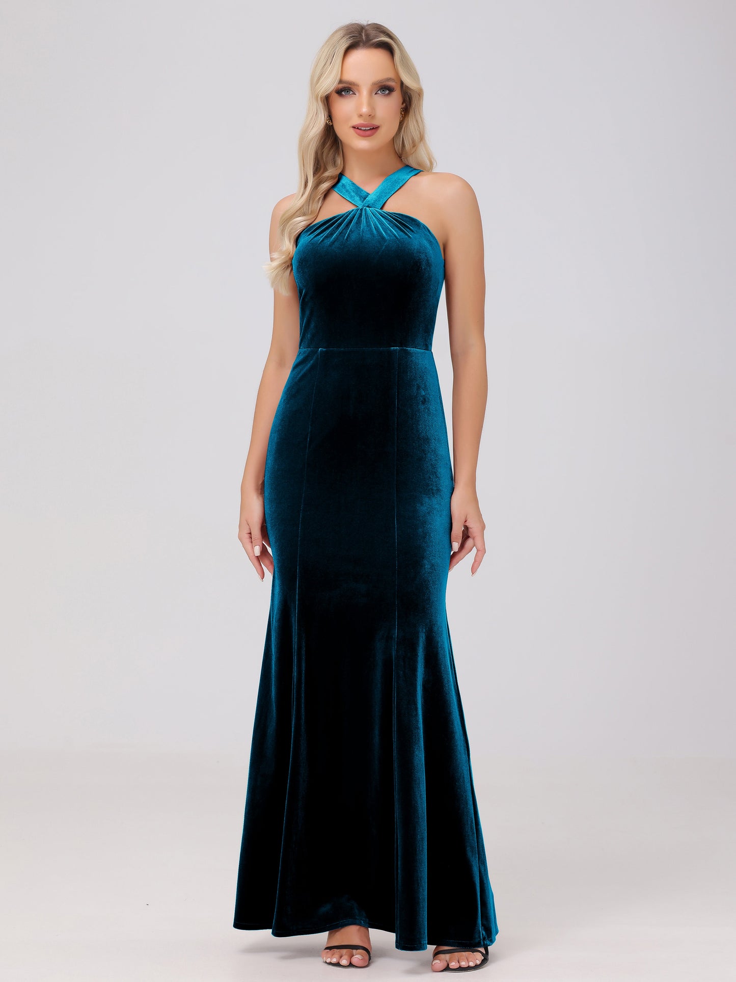 Sheath Halter Sleeveless Open Back Maxi Velvet Bridesmaid Dresses
