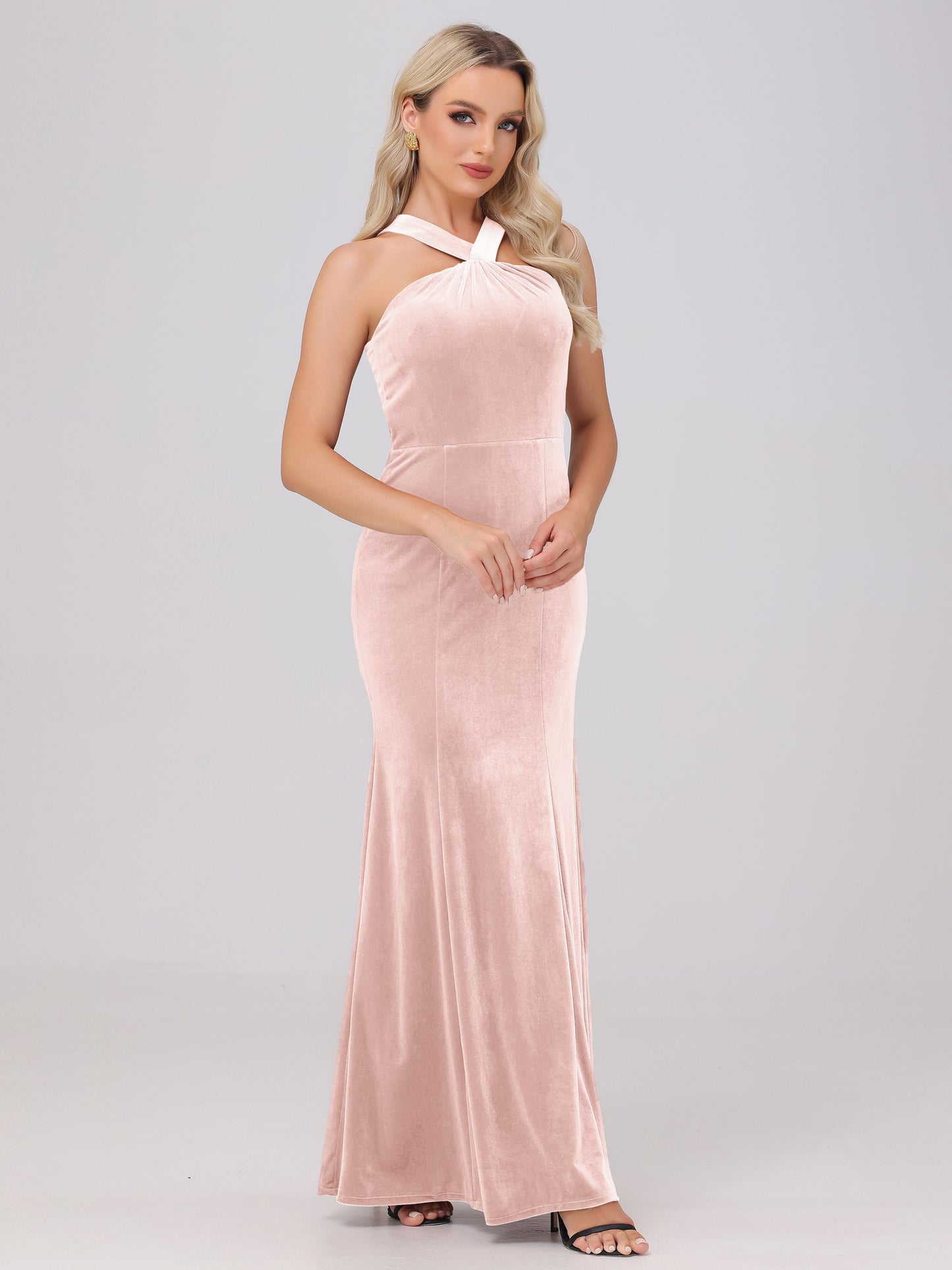 Sheath Halter Sleeveless Open Back Maxi Velvet Bridesmaid Dresses