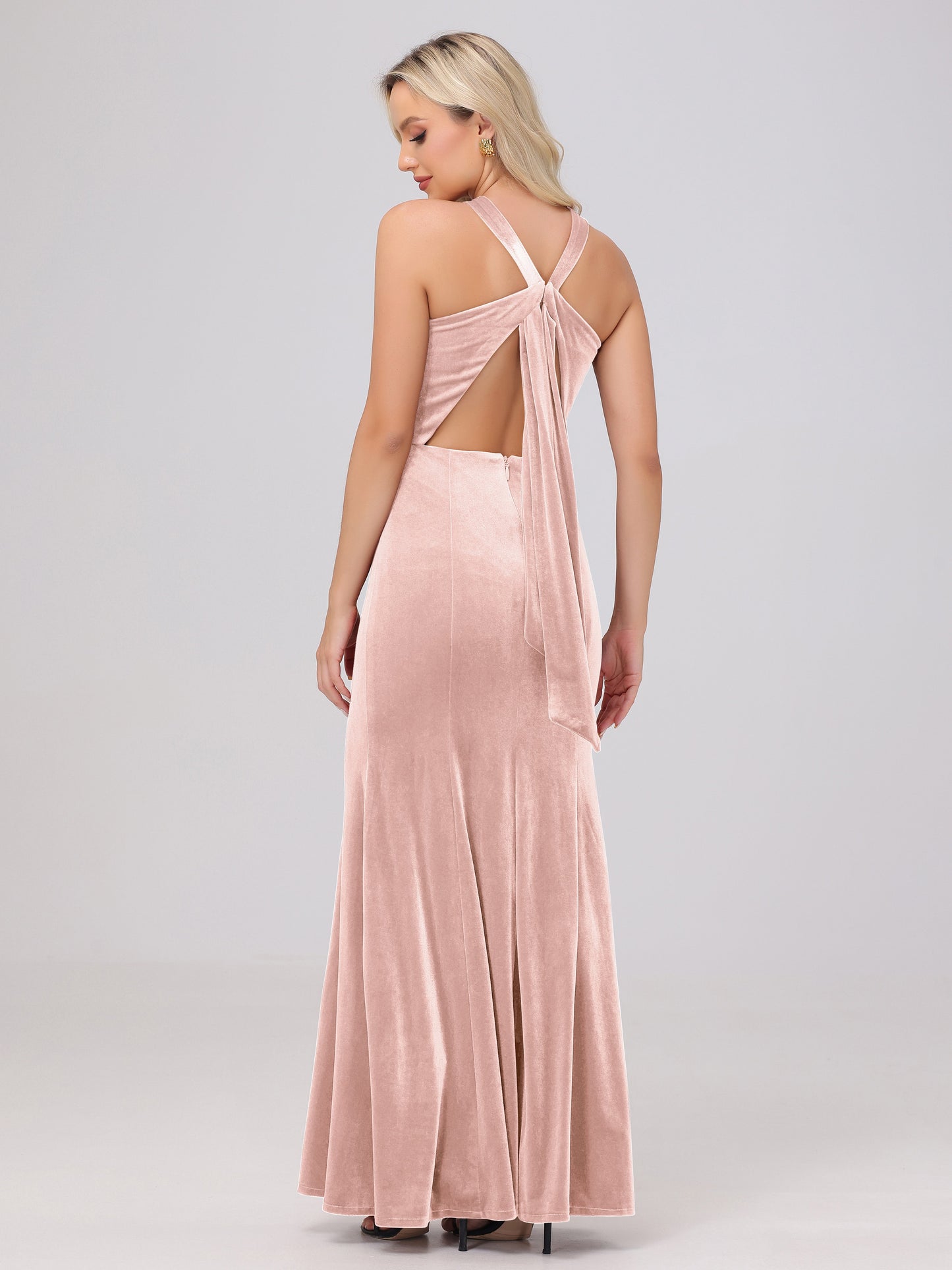 Sheath Halter Sleeveless Open Back Maxi Velvet Bridesmaid Dresses
