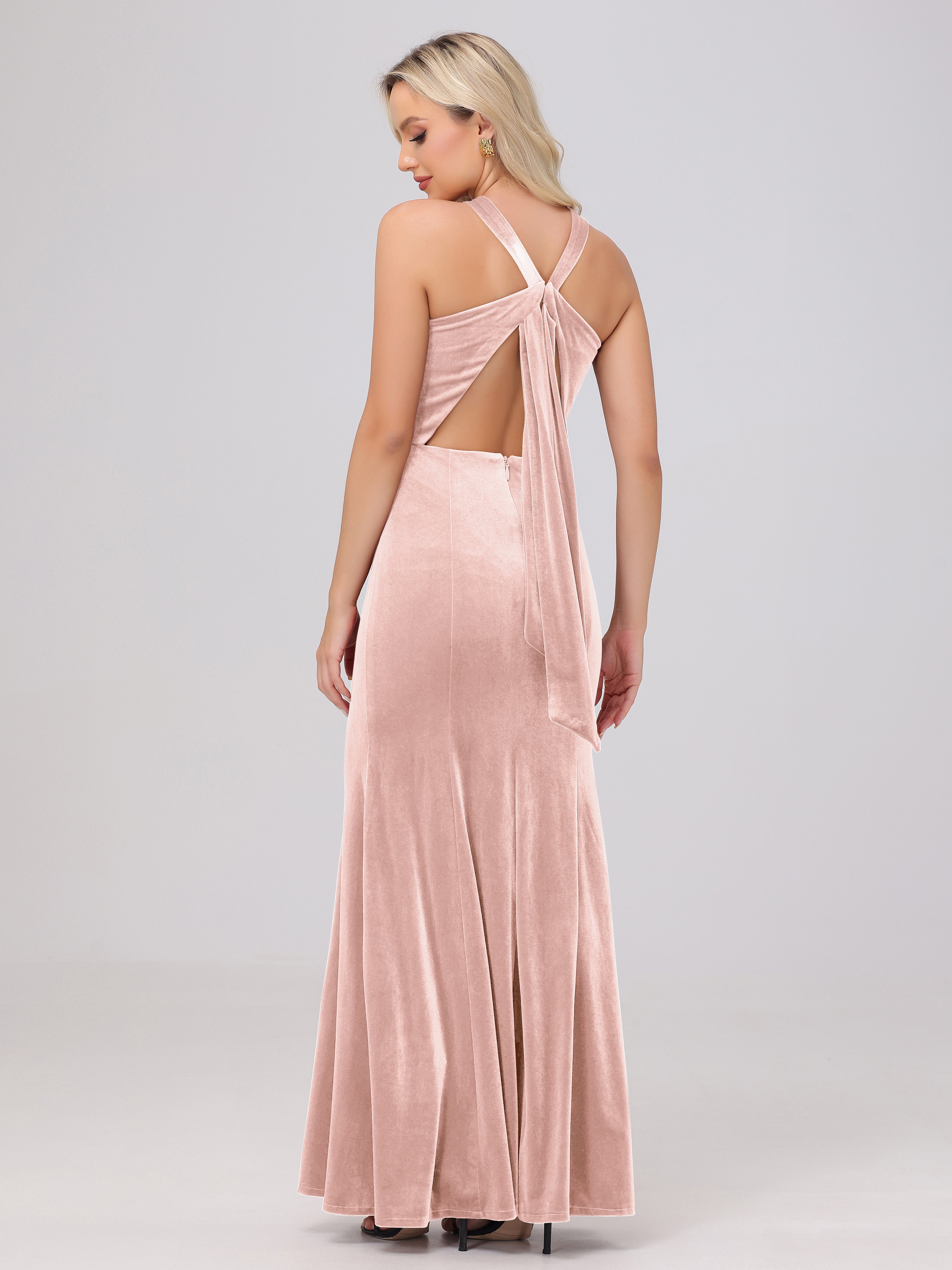 Sheath Halter Sleeveless Open Back Maxi Velvet Bridesmaid Dresses