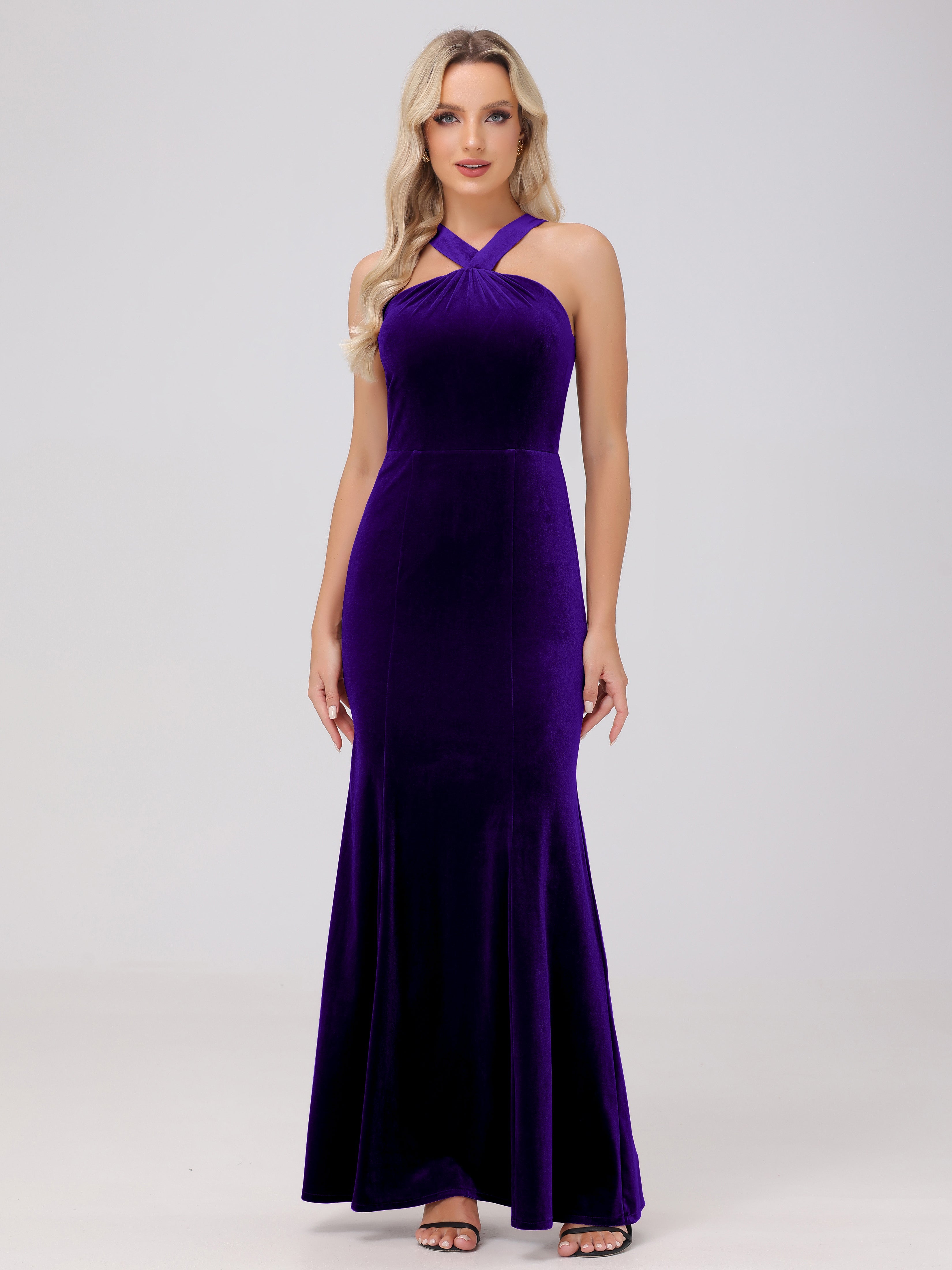 Sheath Halter Sleeveless Open Back Maxi Velvet Bridesmaid Dresses