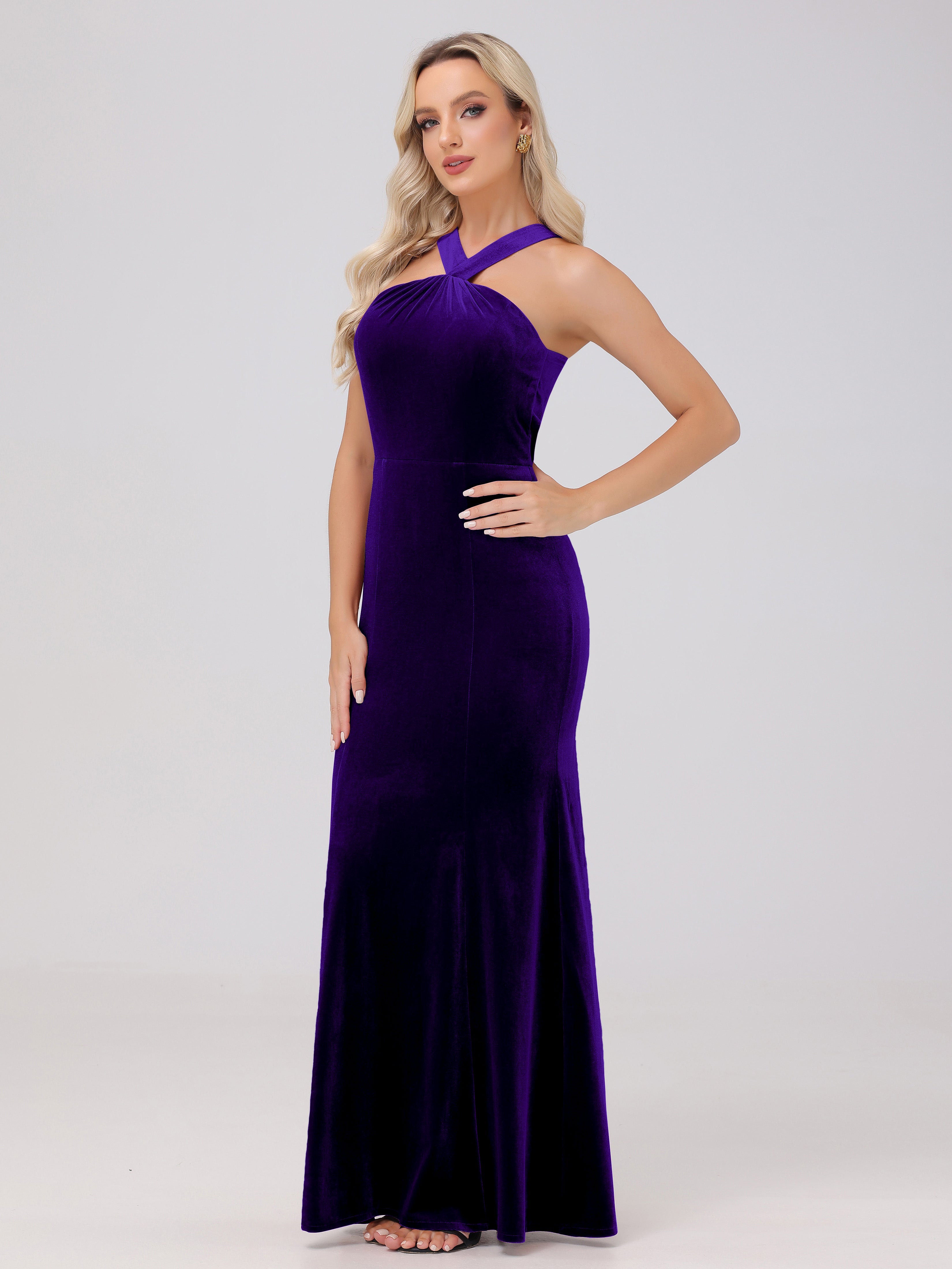 Sheath Halter Sleeveless Open Back Maxi Velvet Bridesmaid Dresses