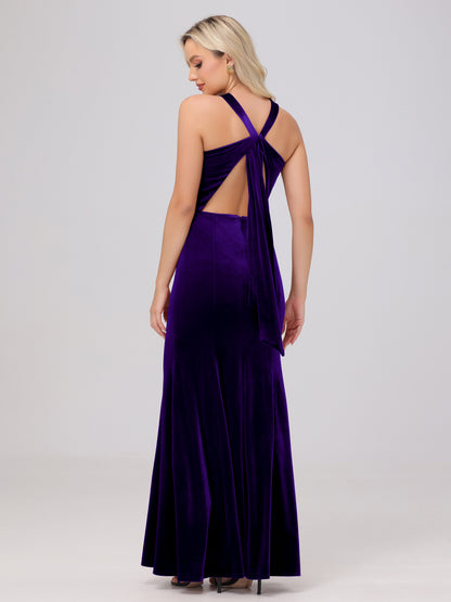 Sheath Halter Sleeveless Open Back Maxi Velvet Bridesmaid Dresses