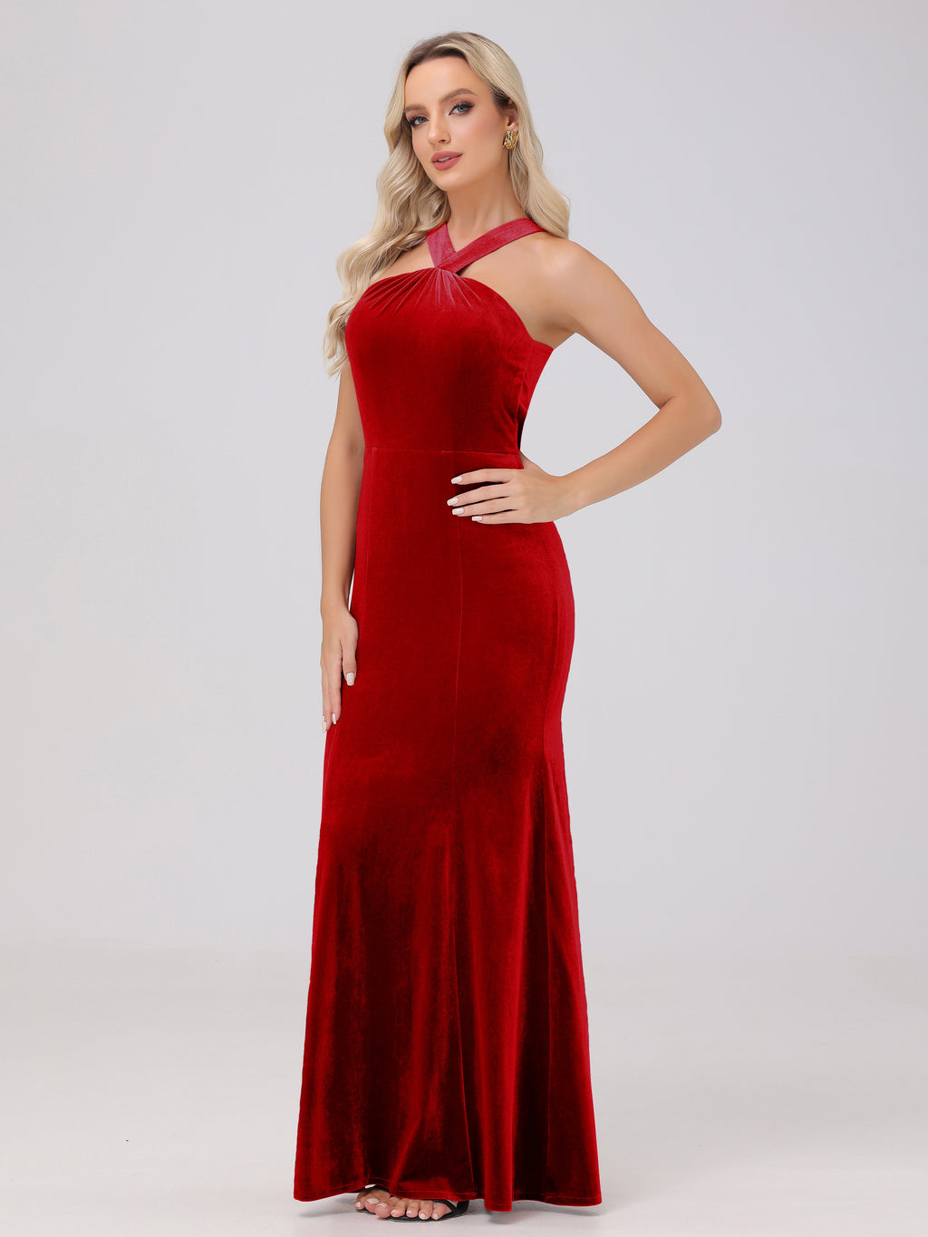 Sheath Halter Sleeveless Open Back Maxi Velvet Bridesmaid Dresses