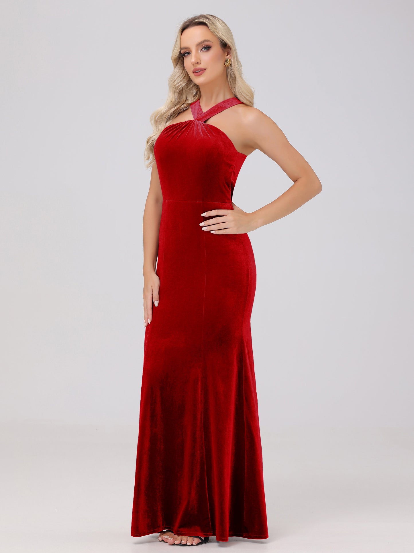 Sheath Halter Sleeveless Open Back Maxi Velvet Bridesmaid Dresses