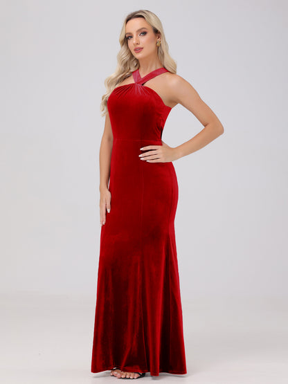 Sheath Halter Sleeveless Open Back Maxi Velvet Bridesmaid Dresses