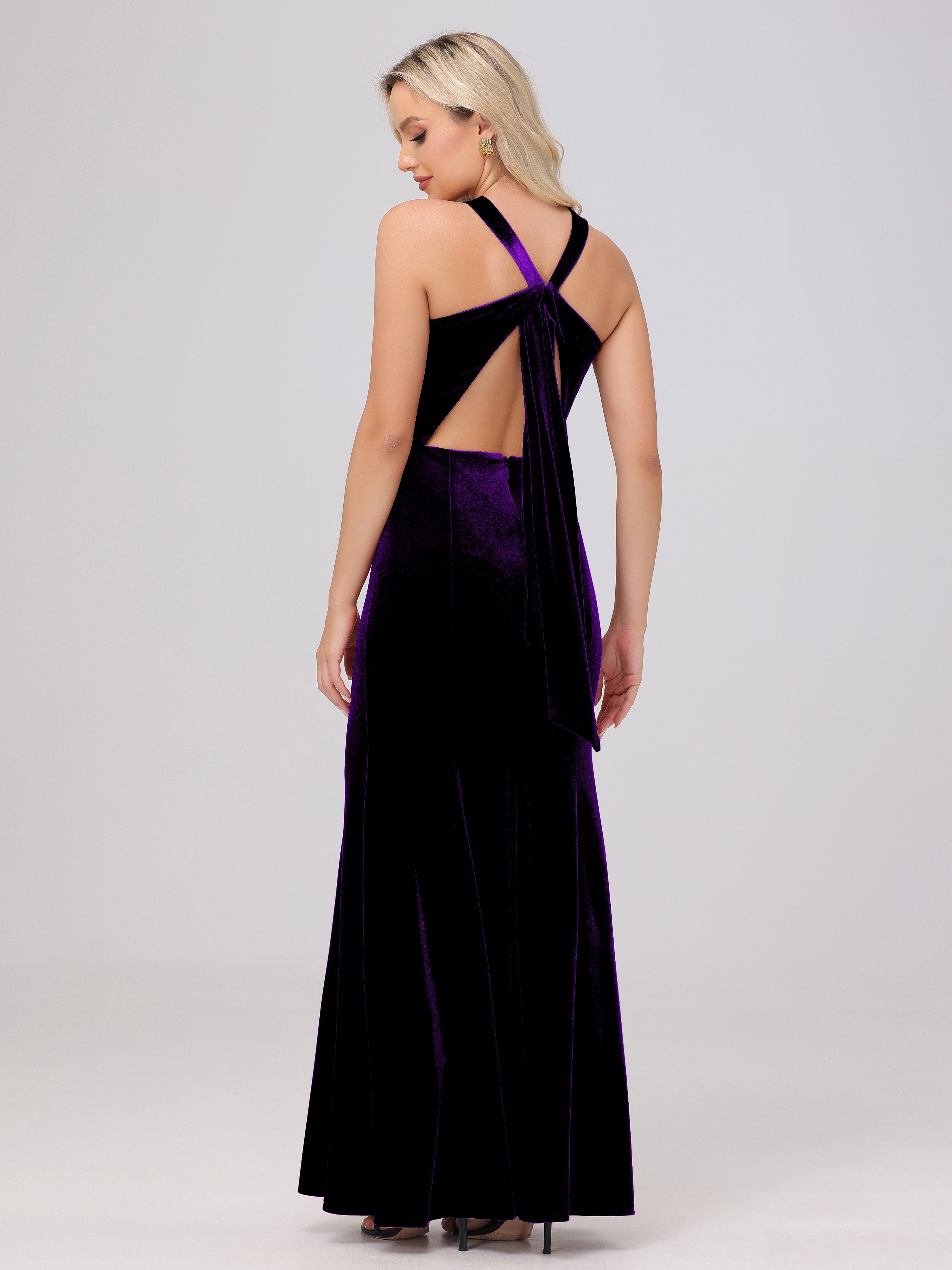 Sheath Halter Sleeveless Open Back Maxi Velvet Bridesmaid Dresses