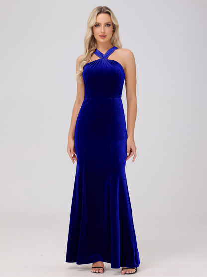 Sheath Halter Sleeveless Open Back Maxi Velvet Bridesmaid Dresses
