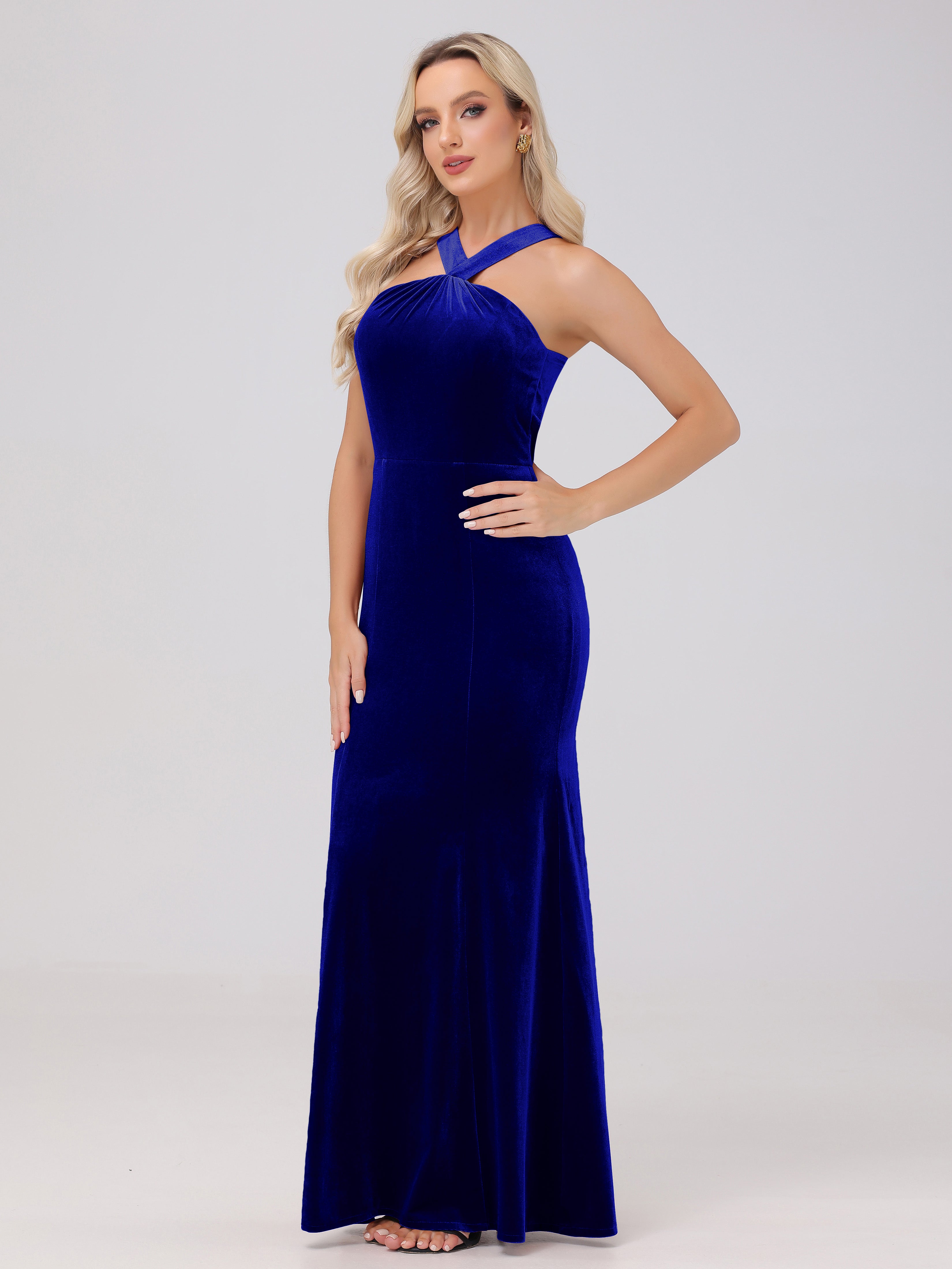 Sheath Halter Sleeveless Open Back Maxi Velvet Bridesmaid Dresses