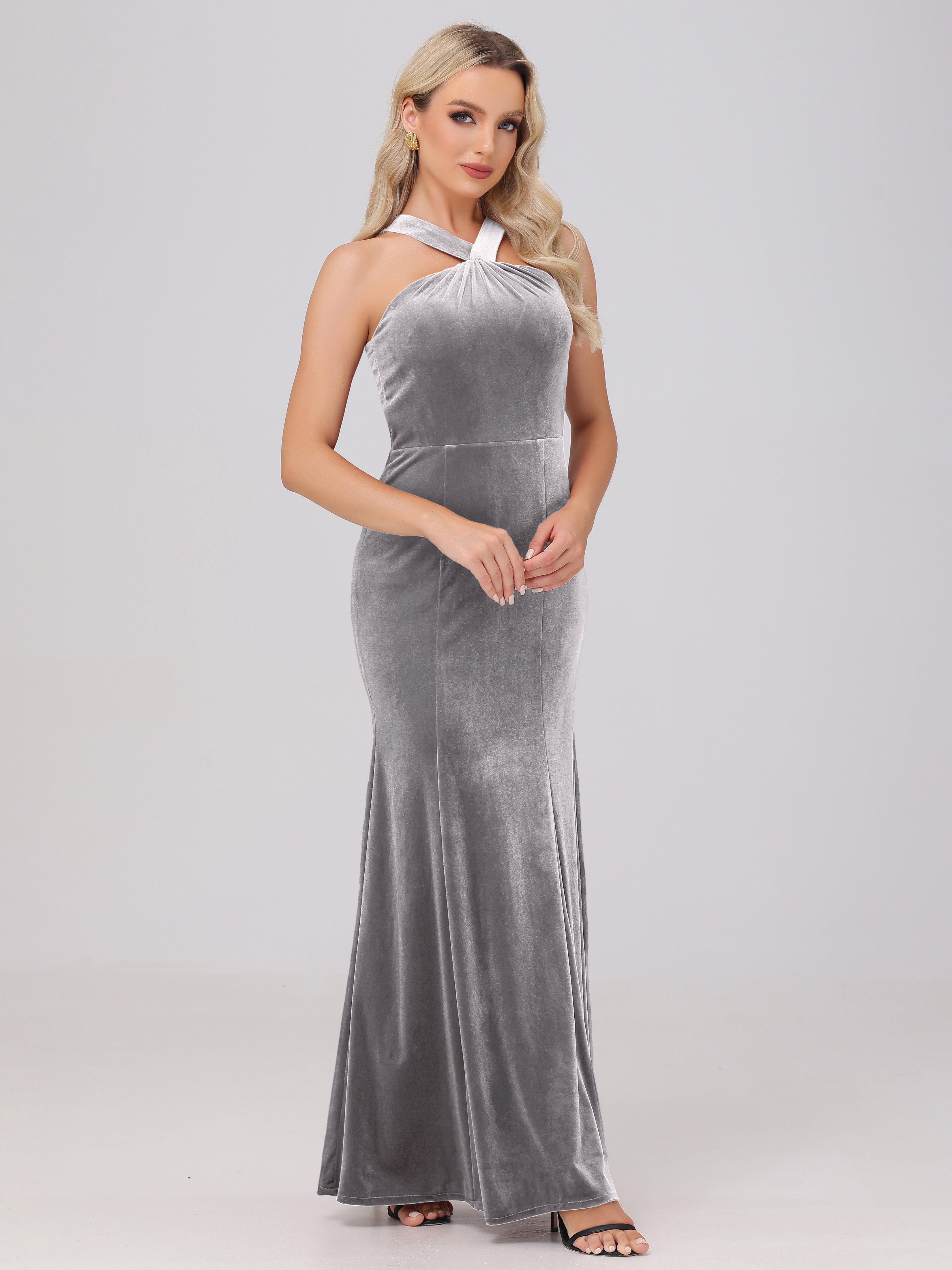 Sheath Halter Sleeveless Open Back Maxi Velvet Bridesmaid Dresses