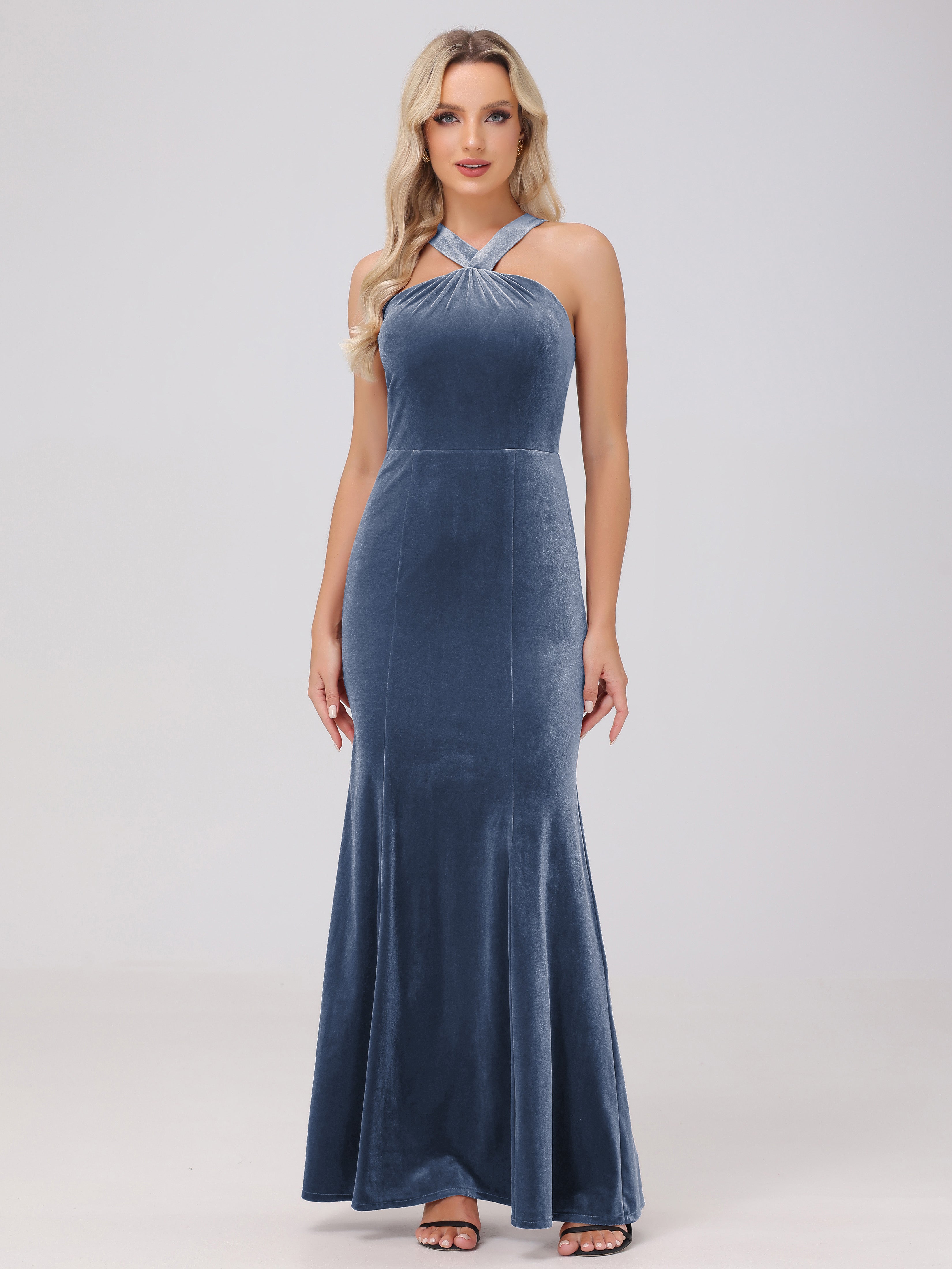Sheath Halter Sleeveless Open Back Maxi Velvet Bridesmaid Dresses