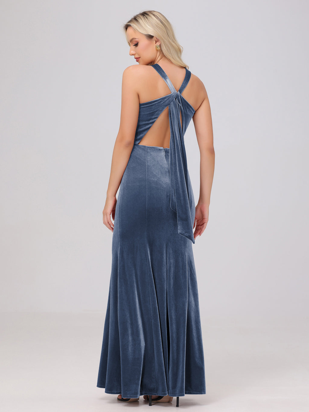 Sheath Halter Sleeveless Open Back Maxi Velvet Bridesmaid Dresses