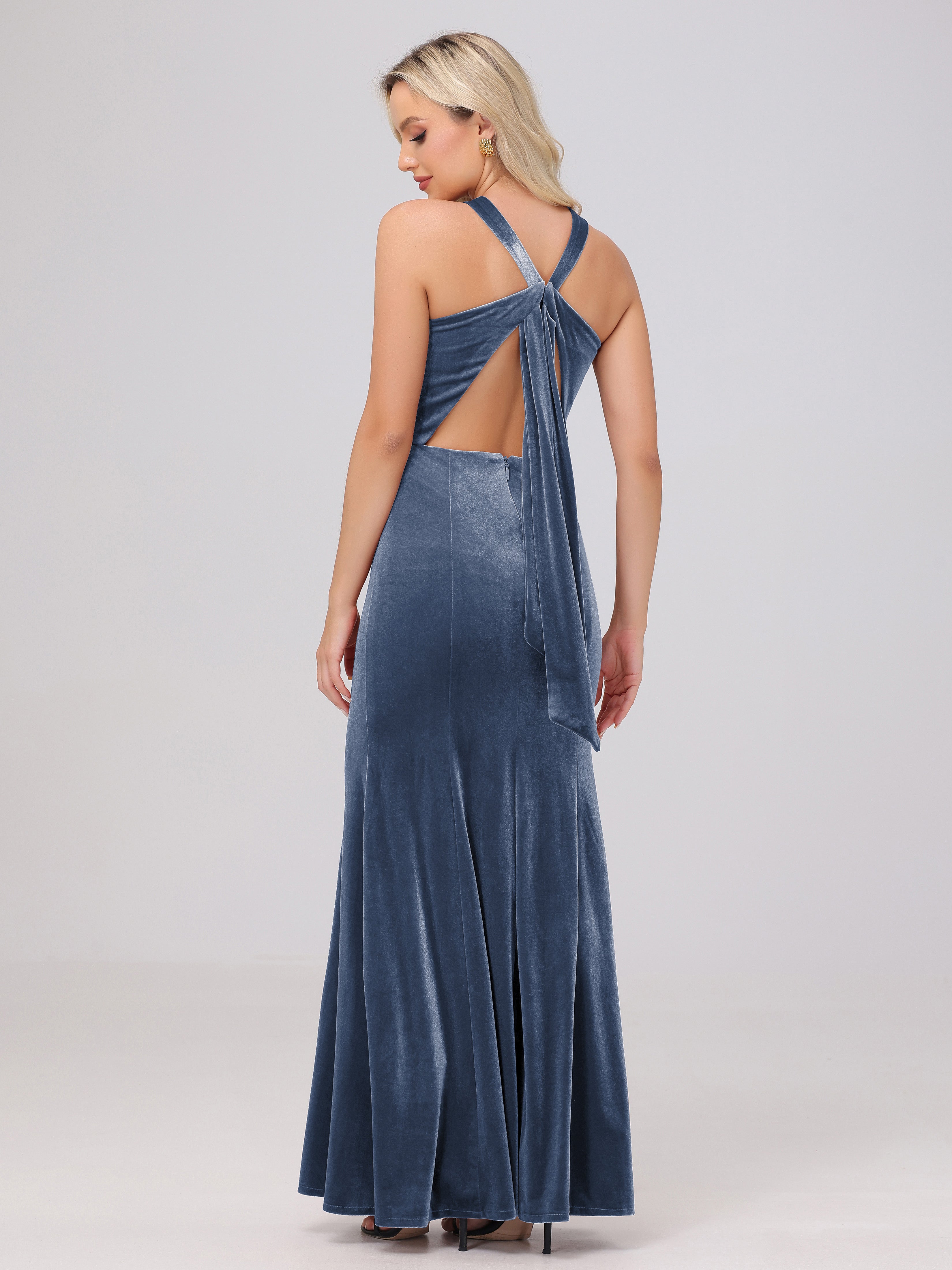 Sheath Halter Sleeveless Open Back Maxi Velvet Bridesmaid Dresses