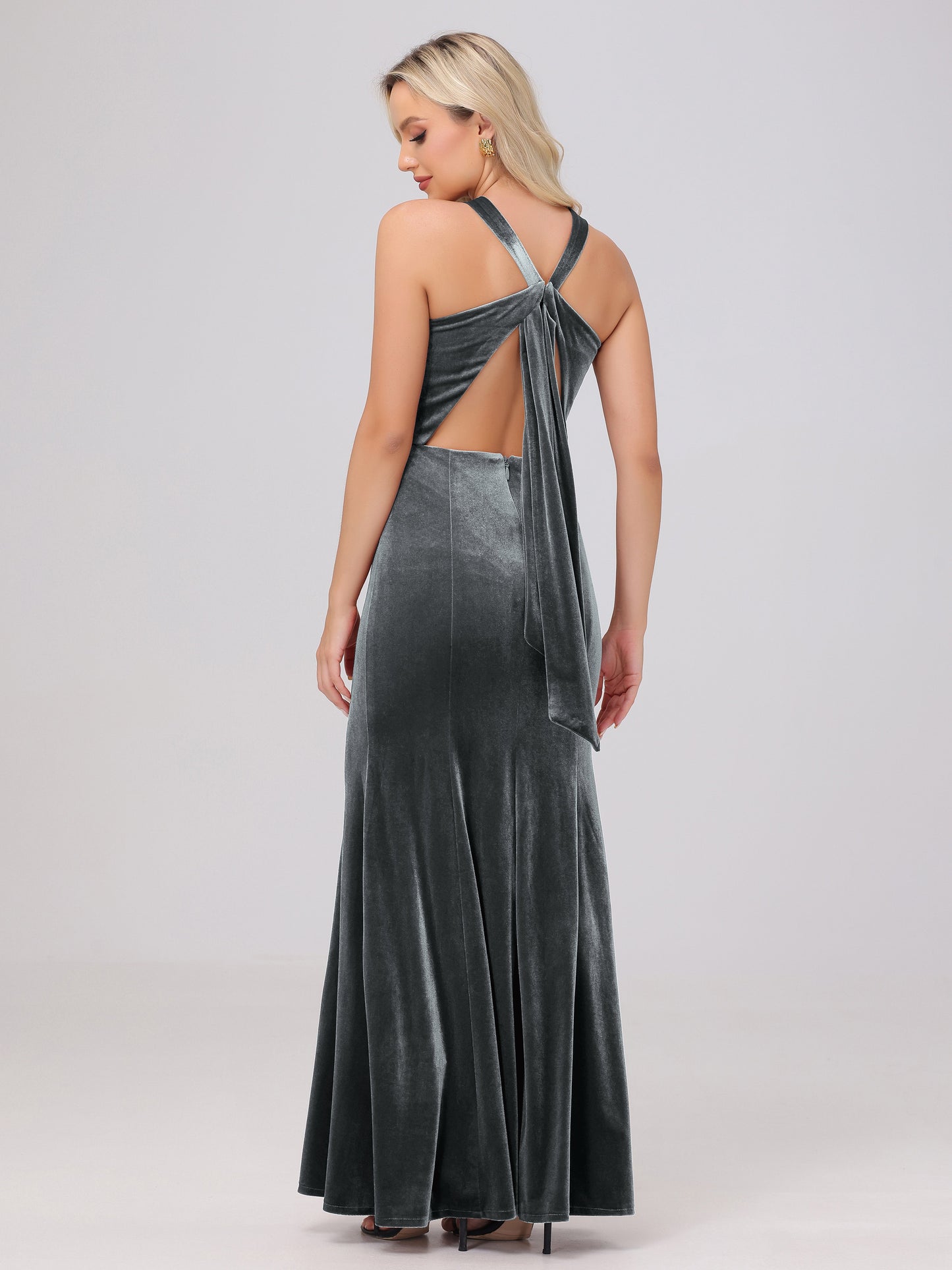 Sheath Halter Sleeveless Open Back Maxi Velvet Bridesmaid Dresses