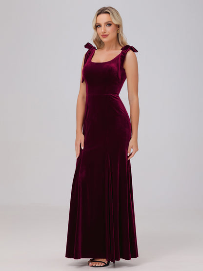 Sheath Square Neck with Bowknot Straps Velvet Bridesmaid Dresses