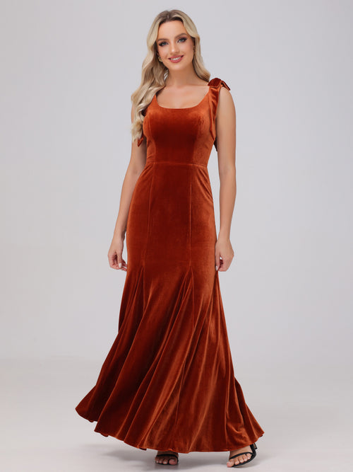 Sheath Square Neck with Bowknot Straps Velvet Bridesmaid Dresses