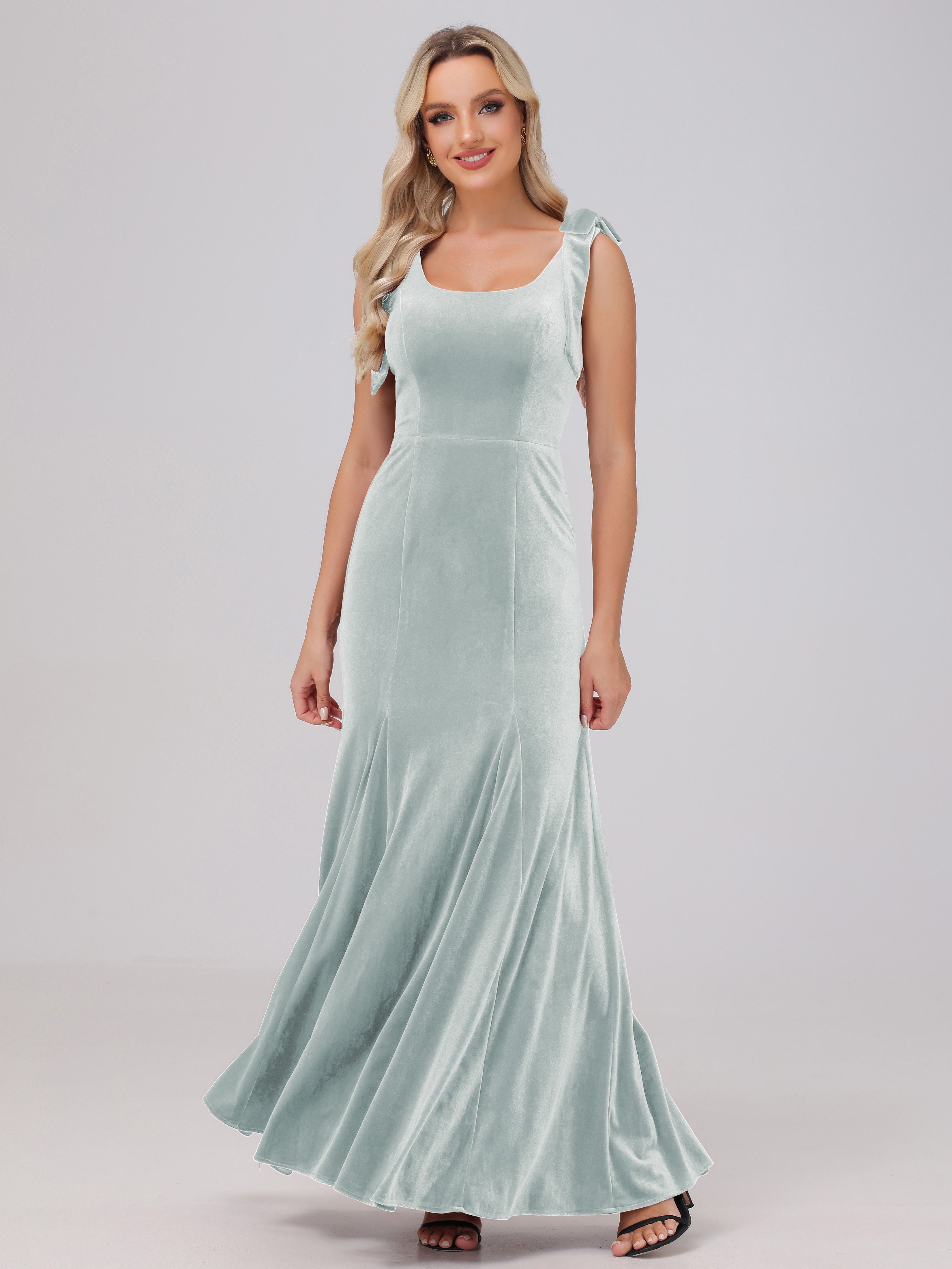 Sheath Square Neck with Bowknot Straps Velvet Bridesmaid Dresses