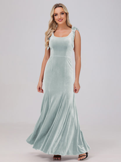 Sheath Square Neck with Bowknot Straps Velvet Bridesmaid Dresses