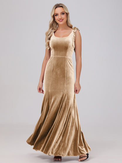 Sheath Square Neck with Bowknot Straps Velvet Bridesmaid Dresses