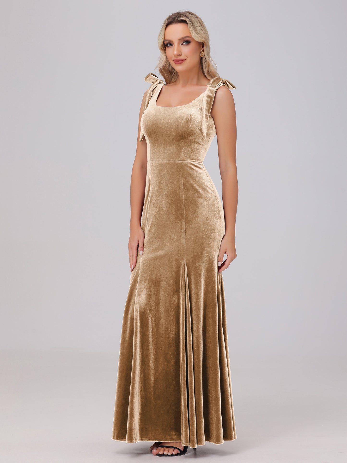 Sheath Square Neck with Bowknot Straps Velvet Bridesmaid Dresses