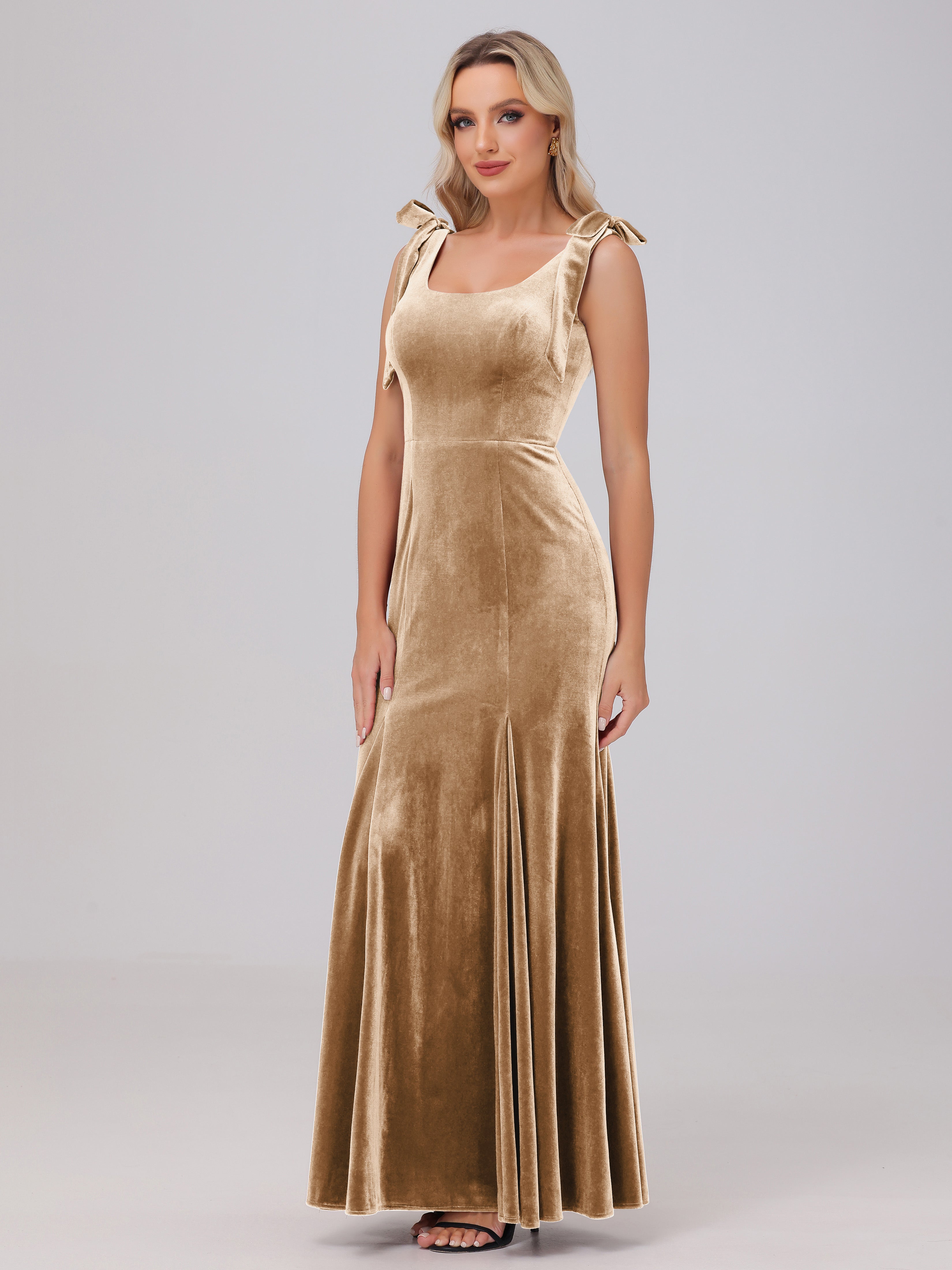 Sheath Square Neck with Bowknot Straps Velvet Bridesmaid Dresses
