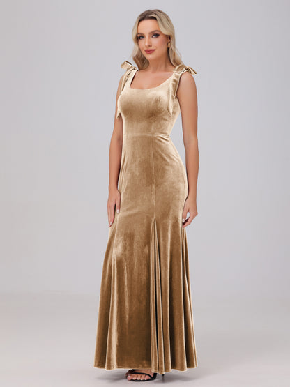 Sheath Square Neck with Bowknot Straps Velvet Bridesmaid Dresses