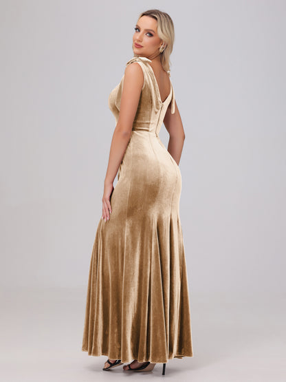 Sheath Square Neck with Bowknot Straps Velvet Bridesmaid Dresses