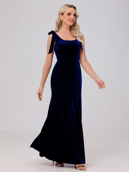 Sheath Square Neck with Bowknot Straps Velvet Bridesmaid Dresses