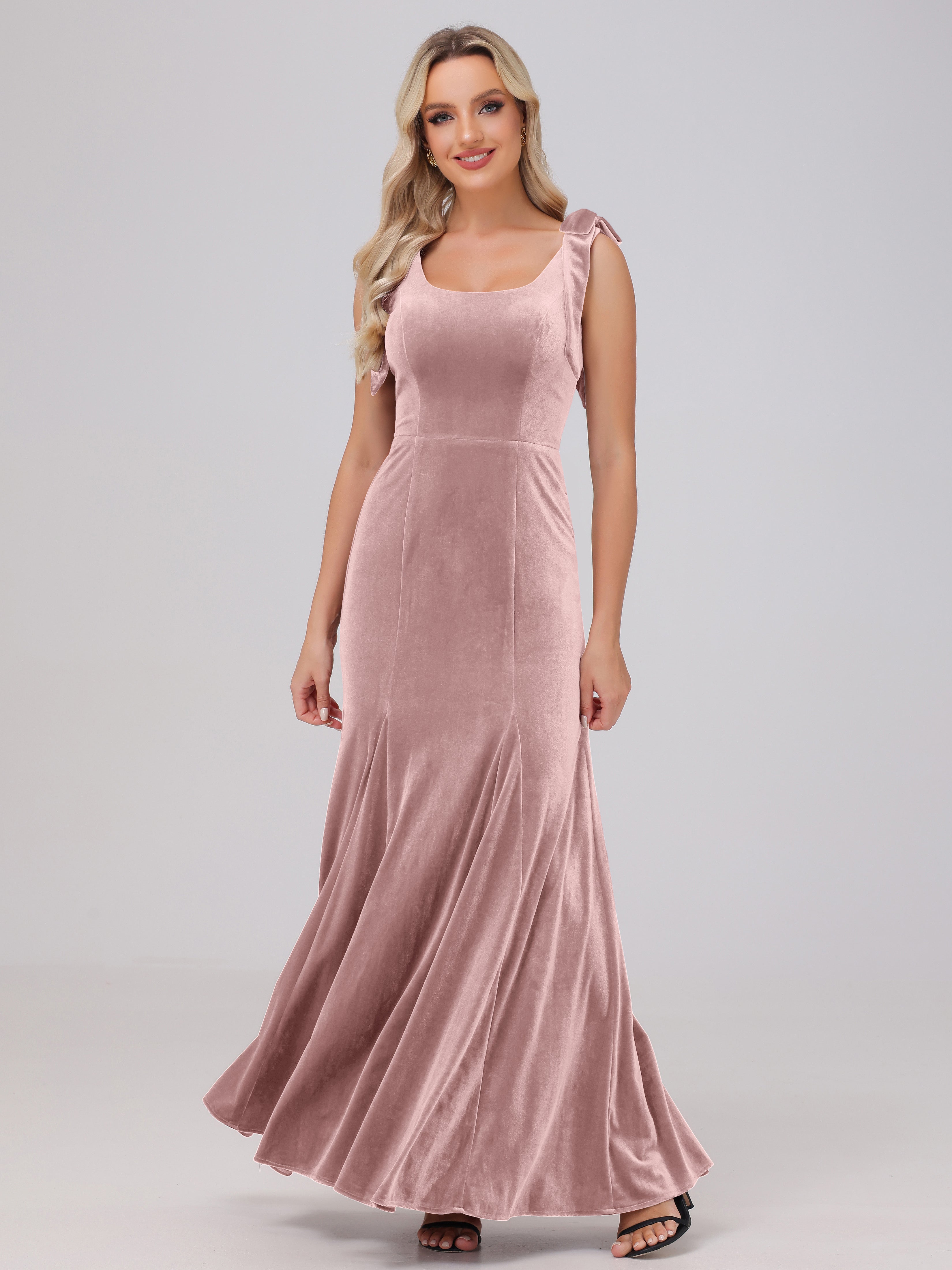 Sheath Square Neck with Bowknot Straps Velvet Bridesmaid Dresses