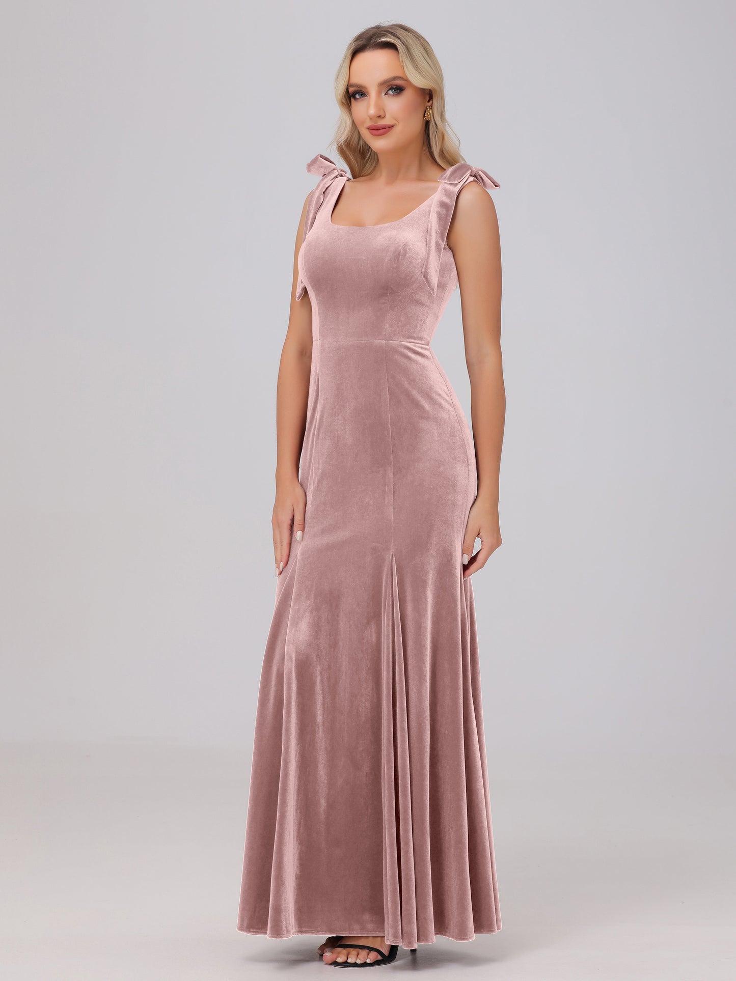 Sheath Square Neck with Bowknot Straps Velvet Bridesmaid Dresses
