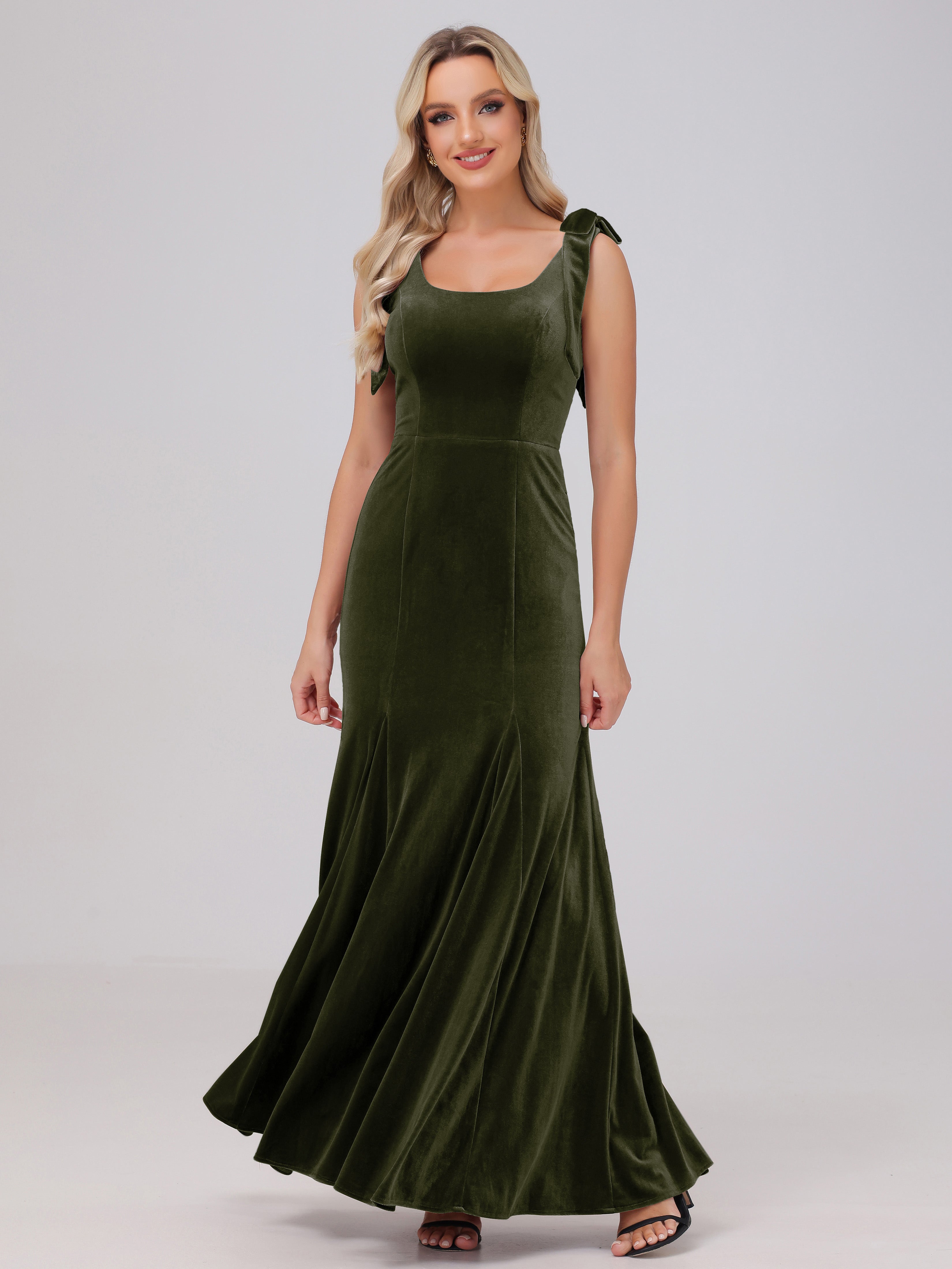 Sheath Square Neck with Bowknot Straps Velvet Bridesmaid Dresses