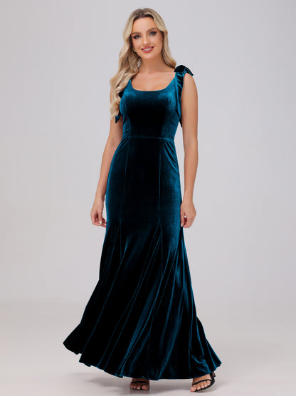 Sheath Square Neck with Bowknot Straps Velvet Bridesmaid Dresses